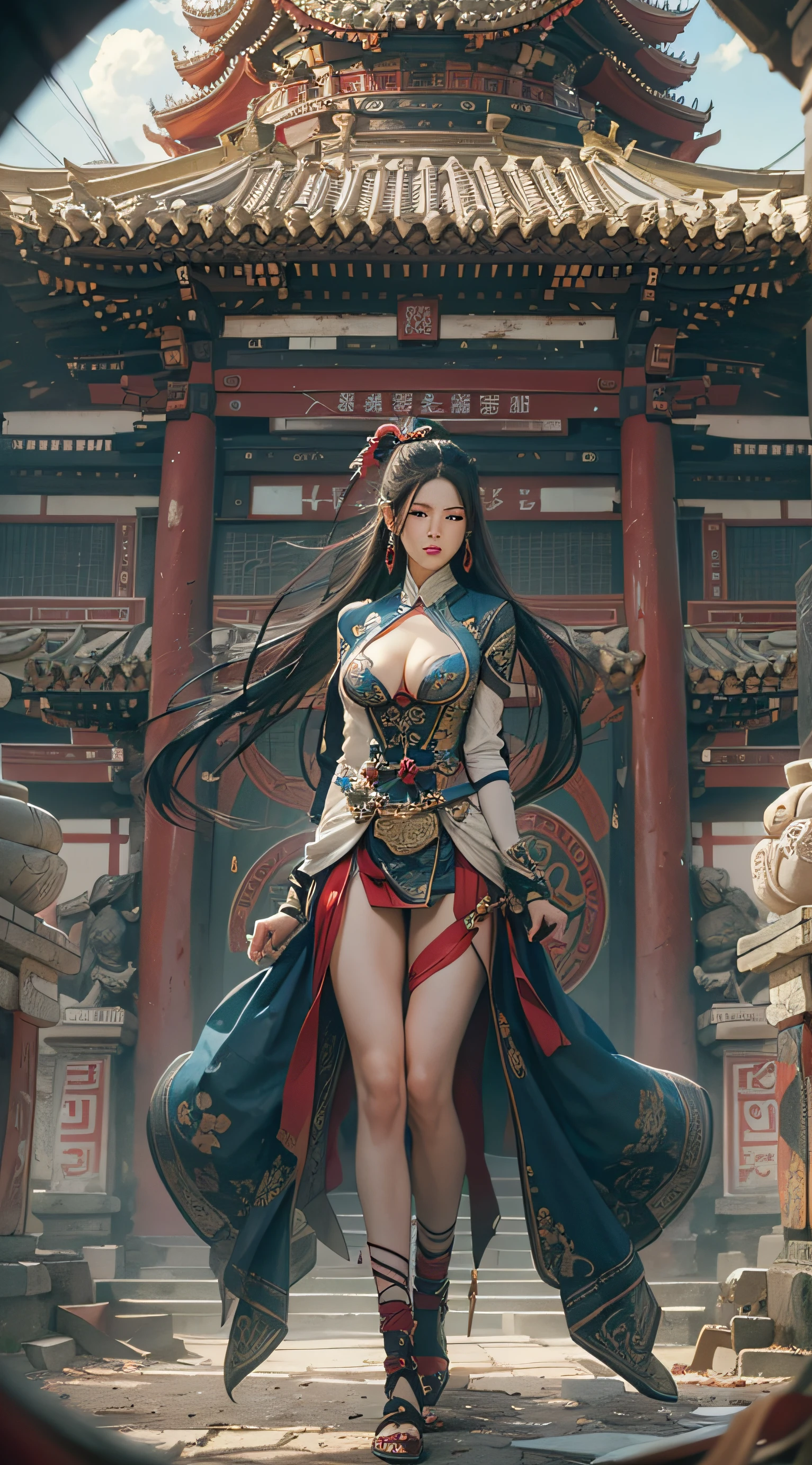 Best quality,masterpiece,ultra high res,(photorealistic:1.4),xiuxian,weapon,Detailed face, 1girl,solo,weapon,cleavage,(magic circle:1.2),xiuxian,upper body,Beautiful girl,full body,huge breasts,east asian architecture,sheath,architecture,