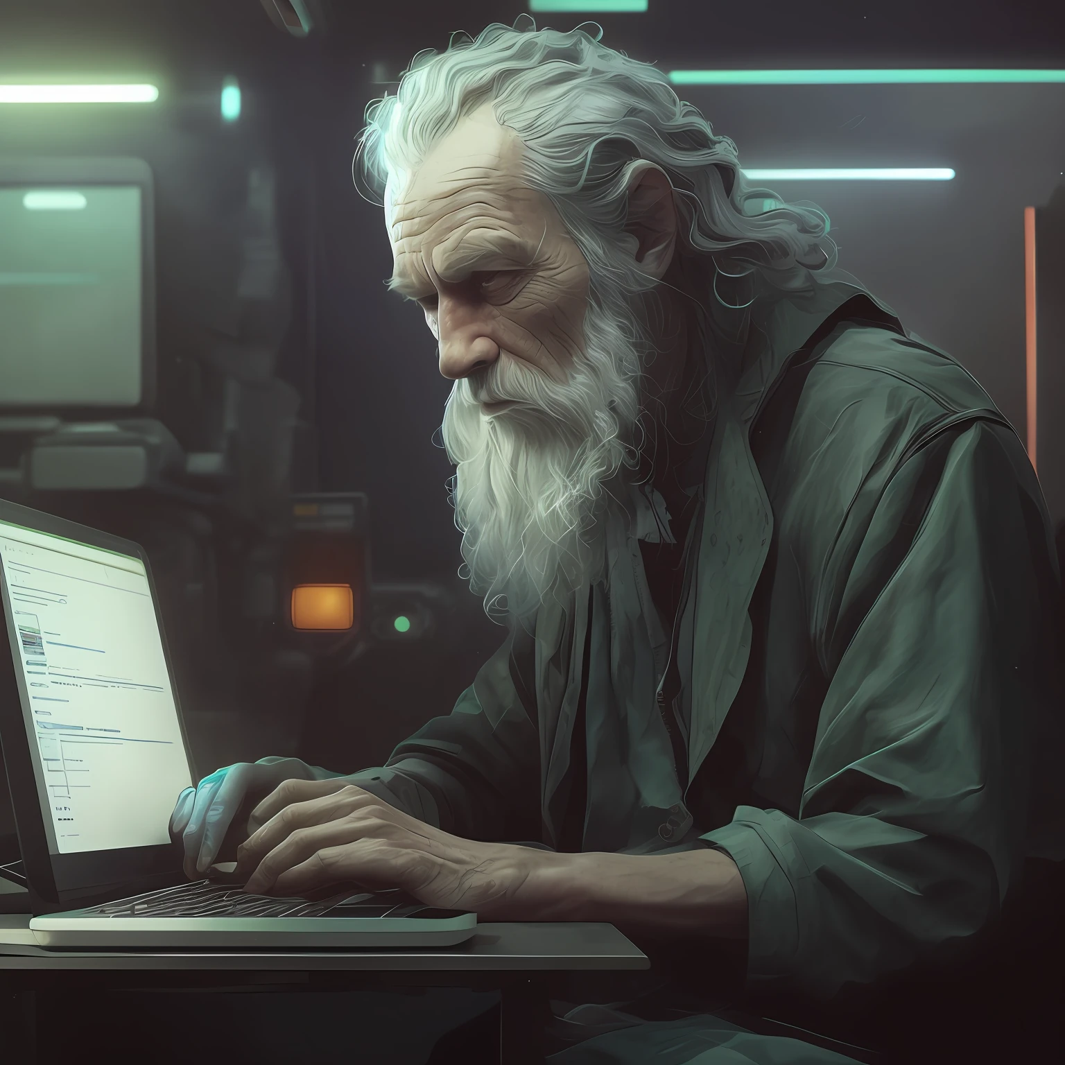 Arafed is a man with long gray hair and a beard using a laptop, Cyberpunk Old Man, Cyberpunk Homeless, Beeple Style, Realism | beeple, cyberpunk artstyle, beeple and mike winkelmann, creative coder with a computer, digital painting style, Old Jedi Master, azimov, beeple. hyper realisitc