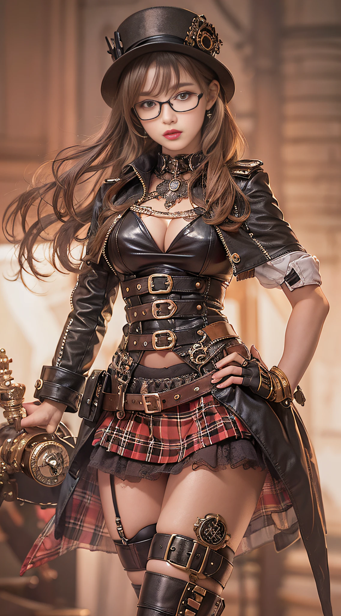 Alafe in black leather costume posing for photo、Garter Belt、(Brown miniskirt with Burberry plaid)、Steampunk Pin-Up Girl、Steampunk girls、steampunk beautiful anime woman、(highly detailed figure)、Beautiful Goddess of Steampunk、steampunk cyberpunk、Wearing steampunk costumes、Wearing a detailed steampunk dress、Close-up portrait shot、steampunk inventor girl、