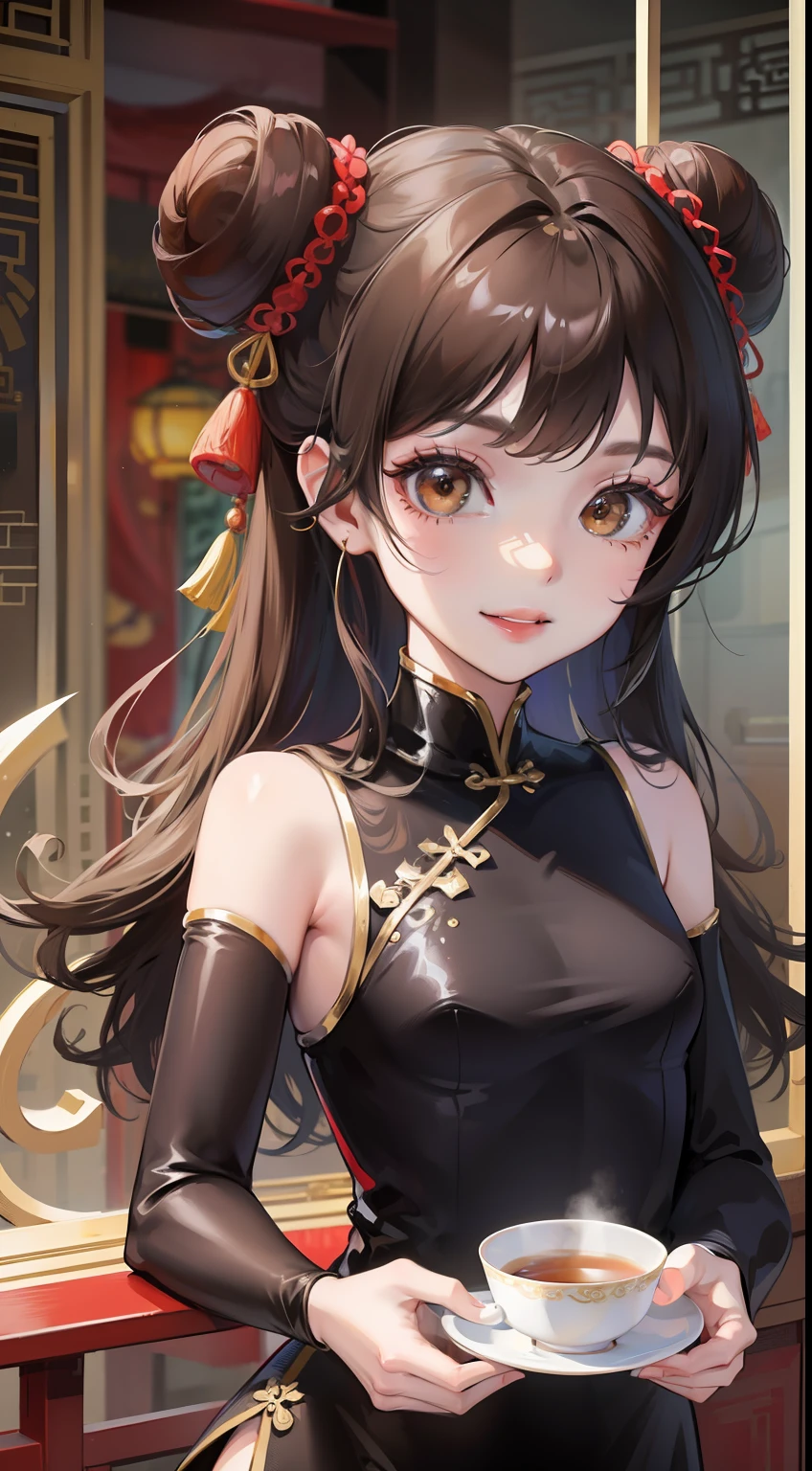  girl, black hair in two buns, Brown eyes, Chinese dress, tea, symbiote, Smile, Masterpiece, hiquality