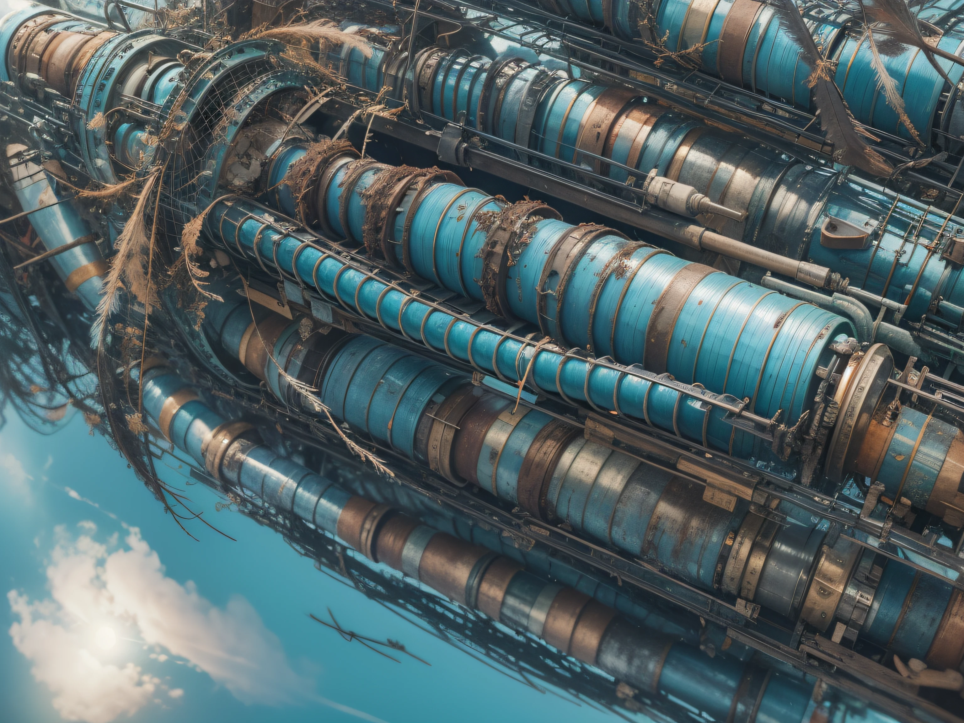 a heavily distorted, fading late morning clear sky, a singular object comprised of contorted feathers/machinery/pipes/rusted components is floating in the air, steel strings weave into each other, warped blue colored machine exterior paneling, extra detail, 4kHD details, best resolution, surrealistic composition, extreme camera angle, motion blur, depth of field, foreshortening, tilted camera angle, cinematic lighting, movie scene, lens flare