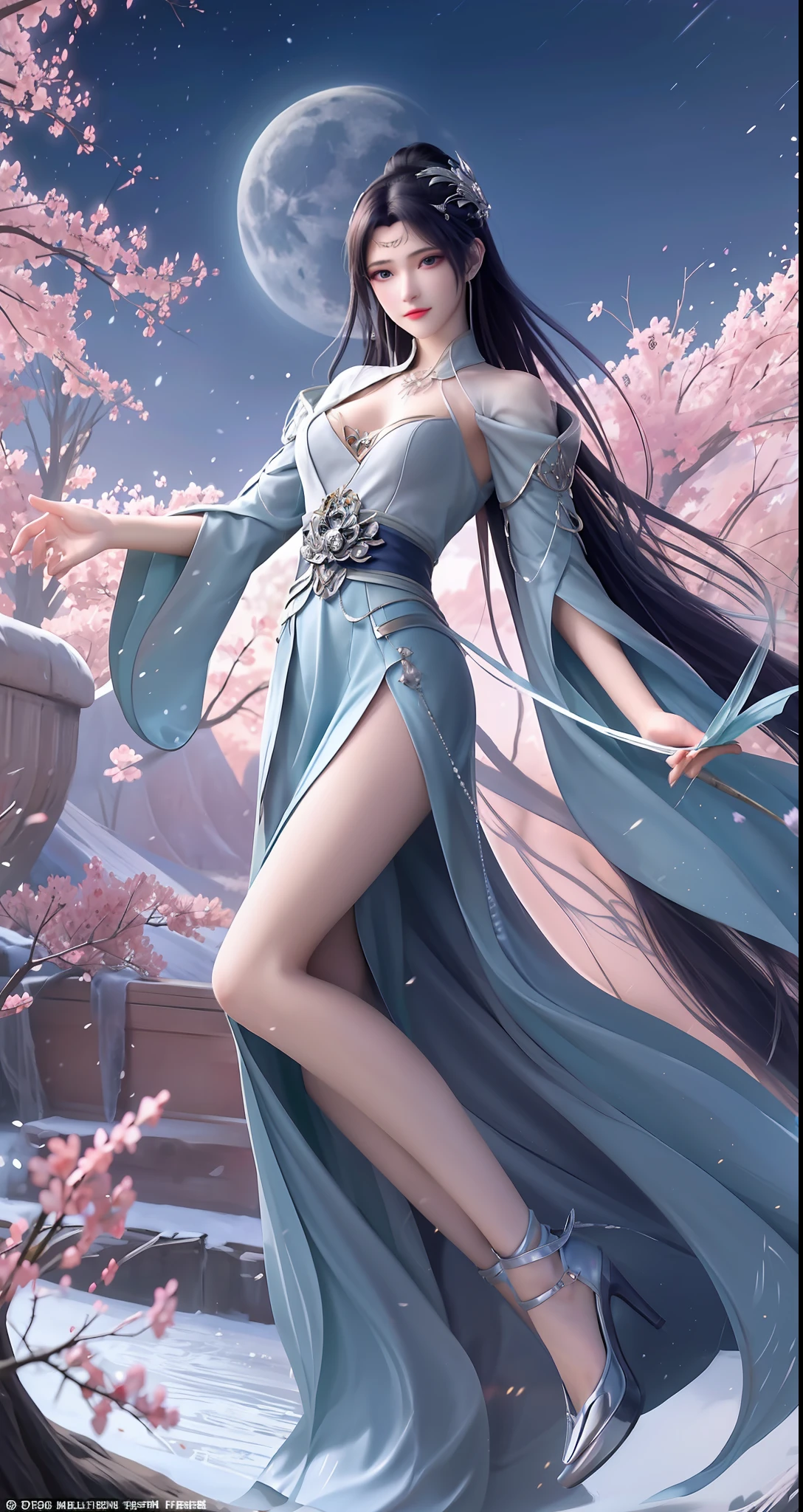 The moonlight sprinkled like water on the slender figure of the emperor sister，She stands gracefully surrounded by mountains and rivers，It's like a beautiful picture。She in the night，Hair falls on your shoulders like a waterfall，Exudes an attractive sheen。Her long hair swayed gently in the breeze，It gives a feeling that is both feminine and seductive。

The long legs of the imperial sister appear more slender in the night，She wears a pair of sexy high heels，Every step exudes irresistible charm。Those high heels seemed to come alive under her feet。，With her footsteps jumping beautiful melodies。The knocking sound of high heels is intertwined with the gurgling water，It's like a beautiful symphony。

An environment surrounded by mountains and rivers，It adds a bit of mystery and elegance to the image of the royal sister。The landscape in the moonlight appears more hazy and dreamy，It's like being in a fairyland。Her eyes were firm and confident，Exudes an invincible aura。The expression on her face was both cold and charming，People can't resist her charm。

Under this starry sky，The royal sister is in harmony with the scenery，Sketch a beautiful picture。Her beauty and charm stand out on this quiet night，Become the most dazzling being in that bright starry sky。