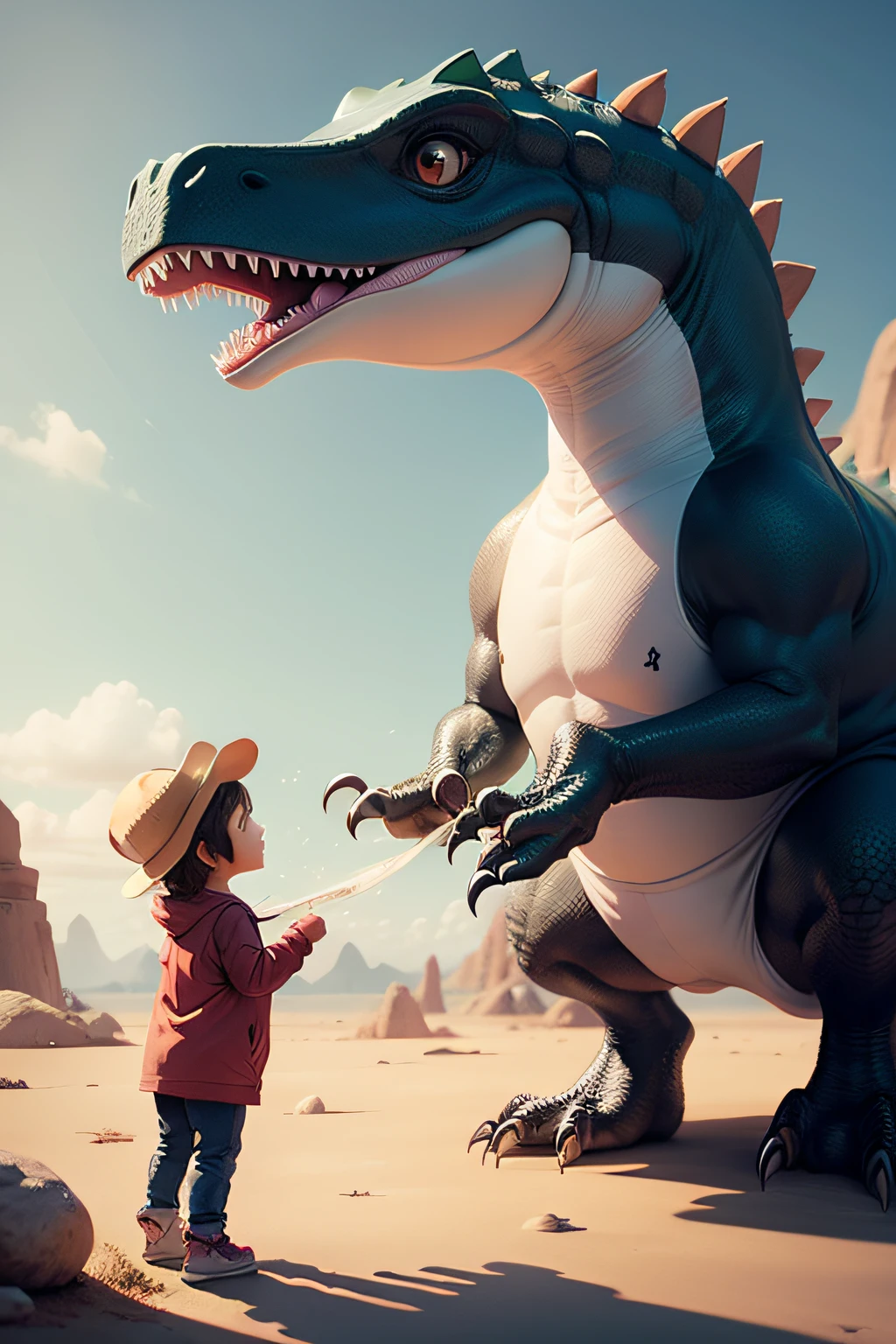 Por favor, Me generates a prompt about a very cute dinosaur played with several children.