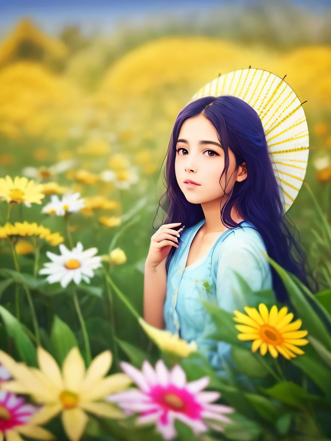 Painting of a woman holding an umbrella in a field with a crescent in the sky, foto muito bonita, com cores lindas, arte sonhadora, uma deusa em um campo de flores, coberto de flores, beautiful dreamy breathtaking, que caminha em um campo de flores, Beautiful image, nuvens da meninana que c no campo da flor, sonho colorido, cena de sonho, menina nas flores