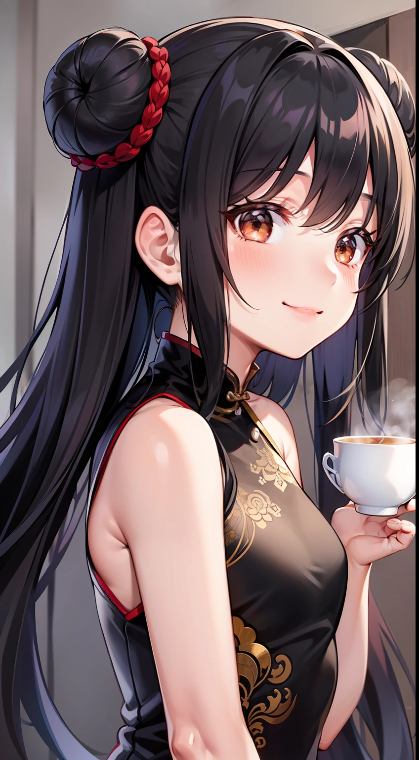 small girl, black hair in two buns, Brown eyes, Chinese dress, tea, symbiote, Smile, Masterpiece, hiquality