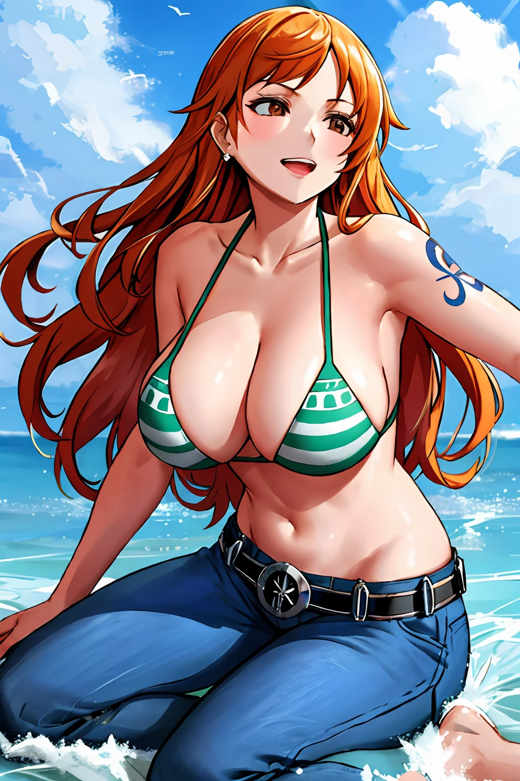 detailed background, masterpiece, 4k, epic, best quality, late youth, adult, milf, athlete body, 1girl, active, energic, ((wide open mouth, folded legs, smile, lying on the ground, fully lying down, open eyes, hands spread sideway)) , solo, nami \(one piece\), 1girl, bangle, (very missy hair, tired, open mouth, feeling hot, tilting head, both hands spreadeagled, serious, hurt, glaring, open eyes, looking up, perfect detailed face, detailed round face) bold drawing lines, muscular arms, detailed bold arm lines, flat jaw, adult woman, (wavy wide streaked bangs, floating bang, long left bangs ) (big cheeks), bare shoulders, off-shoulders, belt, bikini, bikini top only, blue sky, bracelet, springy breasts, breast lines, big round eyes, very big brown shiny eyes, bubbles, high eye position, cleavage, cloud, day, denim, earrings, floating hair, wavy hair, shiny hair, green belt, green bikini, bold groin lines, long jeans, jewelry, medium breasts, log pose, long hair, looking at viewer, long navel, wet hair, orange hair, pants, shoulder tattoo, sidelocks, sky, solo, stomach, swimsuit, tattoo, detailed left arm, big forehead, hourglass figure, small head, toned body, wide hair, wind effect, sun effect, under the sun, narrow small ears angle, older, straight shot, water splashes