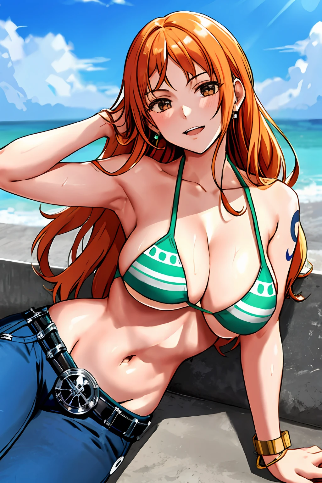 detailed background, masterpiece, 4k, epic, best quality, late youth, adult, milf, athlete body, 1girl, active, energic, ((wide open mouth, folded legs, smile, lying on the ground, fully lying down, open eyes, hands spread sideway)) , solo, nami \(one piece\), 1girl, bangle, (very missy hair, tired, open mouth, feeling hot, tilting head, both hands spreadeagled, serious, hurt, glaring, open eyes, looking up, perfect detailed face, detailed round face) bold drawing lines, muscular arms, detailed bold arm lines, flat jaw, adult woman, (wavy wide streaked bangs, floating bang, long left bangs ) (big cheeks), bare shoulders, off-shoulders, belt, bikini, bikini top only, blue sky, bracelet, springy breasts, breast lines, big round eyes, very big brown shiny eyes, bubbles, high eye position, cleavage, cloud, day, denim, earrings, floating hair, wavy hair, shiny hair, green belt, green bikini, bold groin lines, long jeans, jewelry, medium breasts, log pose, long hair, looking at viewer, long navel, wet hair, orange hair, pants, shoulder tattoo, sidelocks, sky, solo, stomach, swimsuit, tattoo, detailed left arm, big forehead, hourglass figure, small head, toned body, wide hair, wind effect, sun effect, under the sun, narrow small ears angle, older, straight shot, water splashes