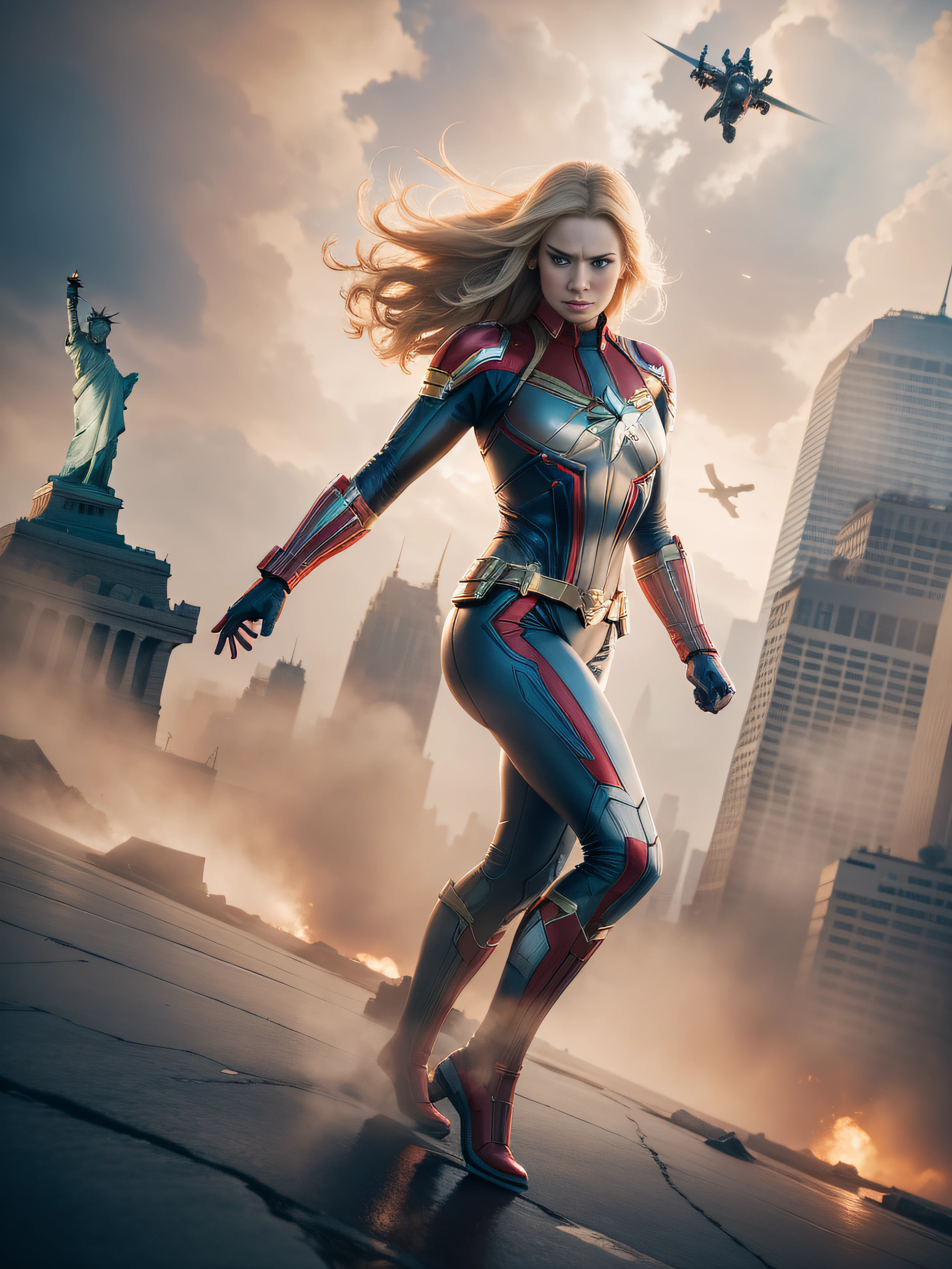 Upside down full body shot portrait of pale woman wearing Captain Marvel suit, strong, muscular, punk, long blond hair, flying above statue of liberty, fog, mist, flying, followed by trace of light, fighting, powerful aura, slim, athletic, skinny, various posed, natural lighting, masterpiece, realistic, photorealistic, serious, angry, cinematic, sharp focus, glowing like a star, blistering, shiny hair, brilliant, movie poster, epic composition, explosions, action, thrill, suspense