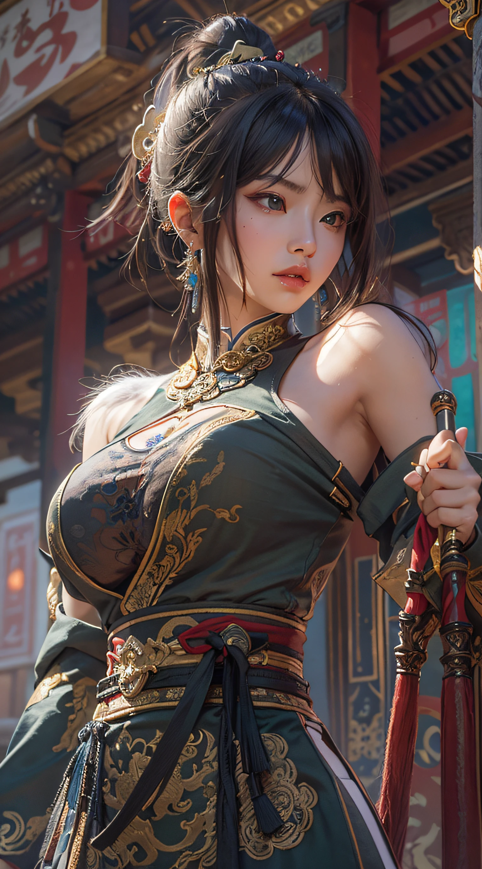 Best quality,masterpiece,ultra high res,(photorealistic:1.4),xiuxian,weapon,Detailed face, 1girl,solo,weapon,cleavage,(magic circle:1.2),xiuxian,upper body,Beautiful girl,full body,huge breasts,east asian architecture,sheath,architecture,