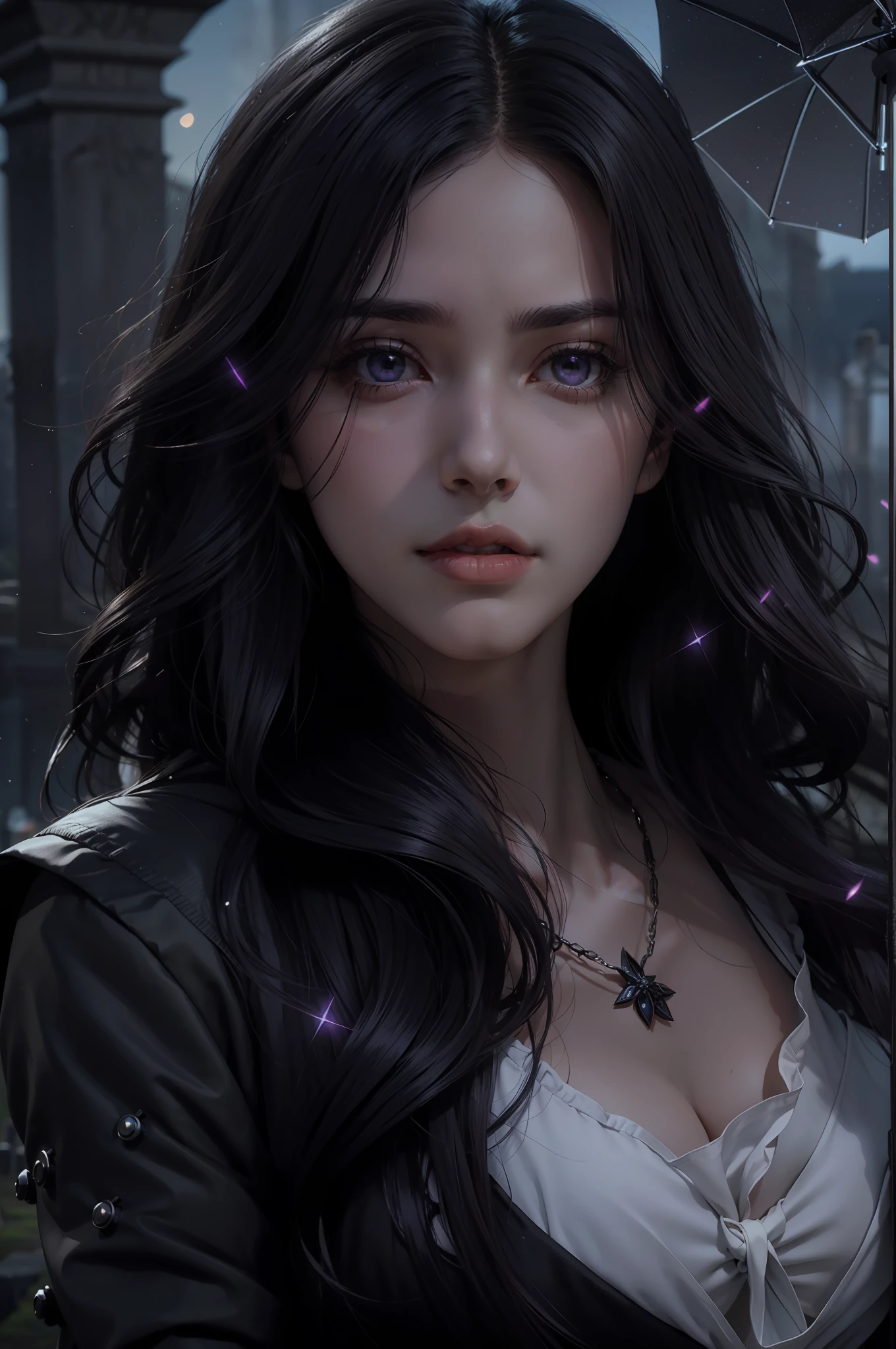 Beautiful woman reminiscent of Yennefer from The Witcher with long black hair and violet eyes bright as constellations, obra prima, ultra qualidade, 8k, cabelos caindo sobre seus ombros, in the background a cemetery, She's wearing a black suit and tie.