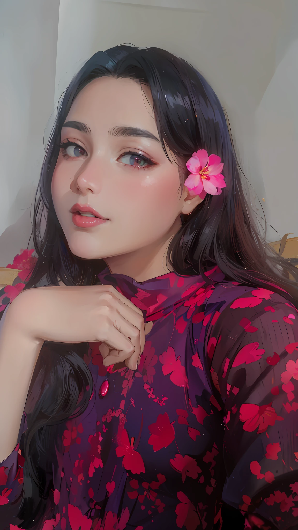 (masterpiece),(best quality:1.0), (ultra highres:1.0), detailed illustration, 8k, anime, 1girl, beautiful anime girl, wearing a red dress , intricate details, rounded face, chubby, black eyes, detailed eyes, black hair, detailed hair detailed, highlights on hair, pink flower on ear, smiling, red lipstick, perfect lips, anime style, best quality, detailed