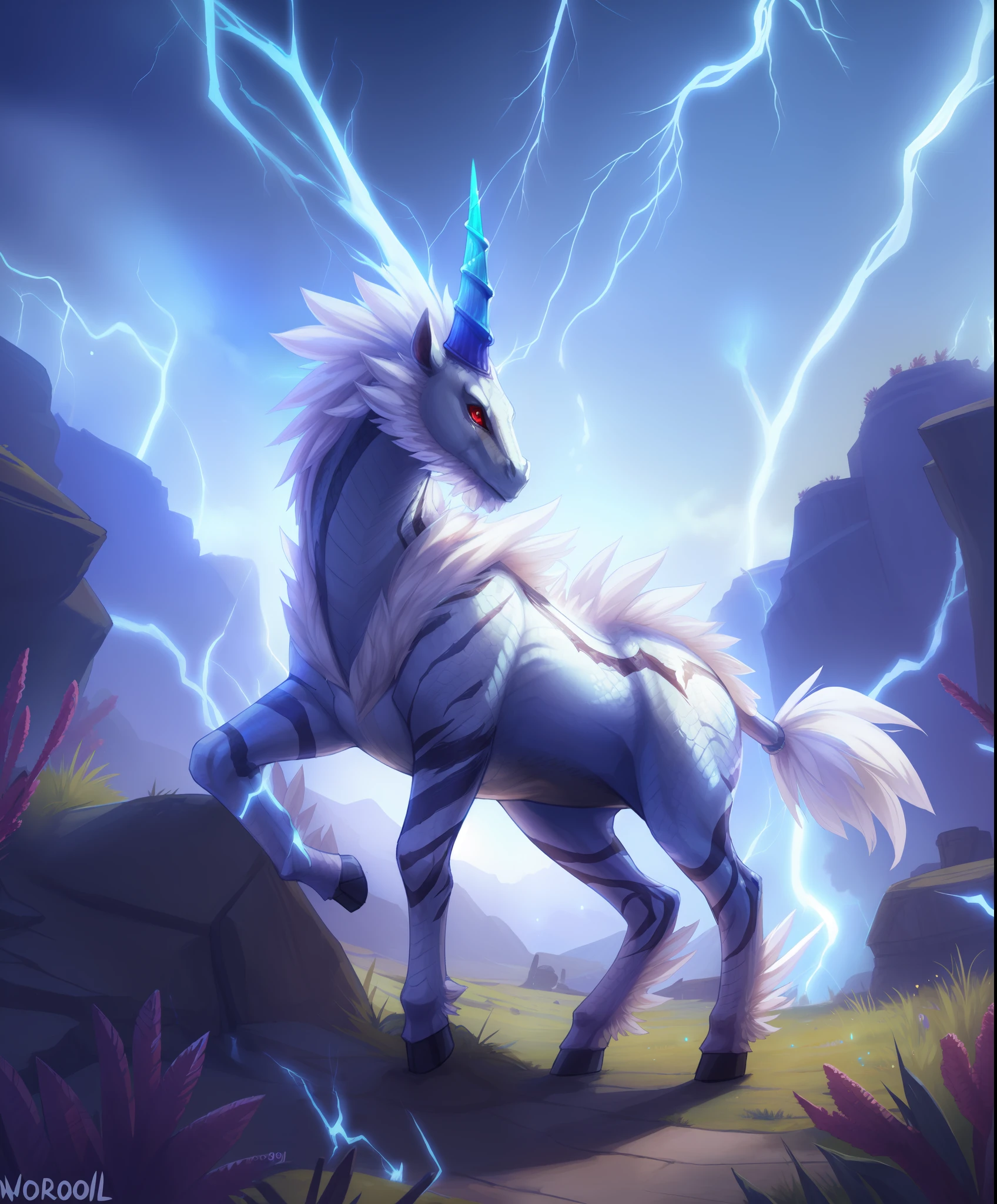 (feral:1.2), kirin, equine, thin, hi res, soft shading, detailed eyes, beautiful eyes, detailed face, good anatomy, cinematic lighting, by woolrool, crayon \(artist\), buta99, detailed background, outdoors, tail, horn, red eyes, lightning, scales,