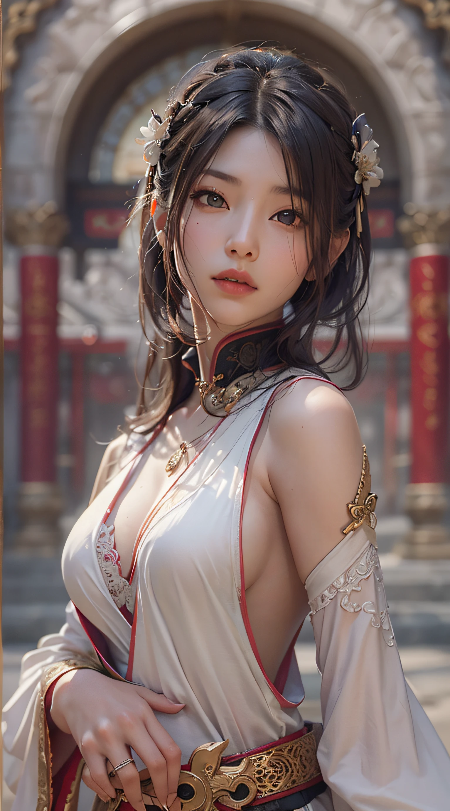 Best quality,masterpiece,ultra high res,(photorealistic:1.4),xiuxian,weapon,Detailed face, 1girl,solo,weapon,cleavage,(magic circle:1.2),xiuxian,upper body,Beautiful girl,full body,huge breasts,east asian architecture,sheath,architecture,