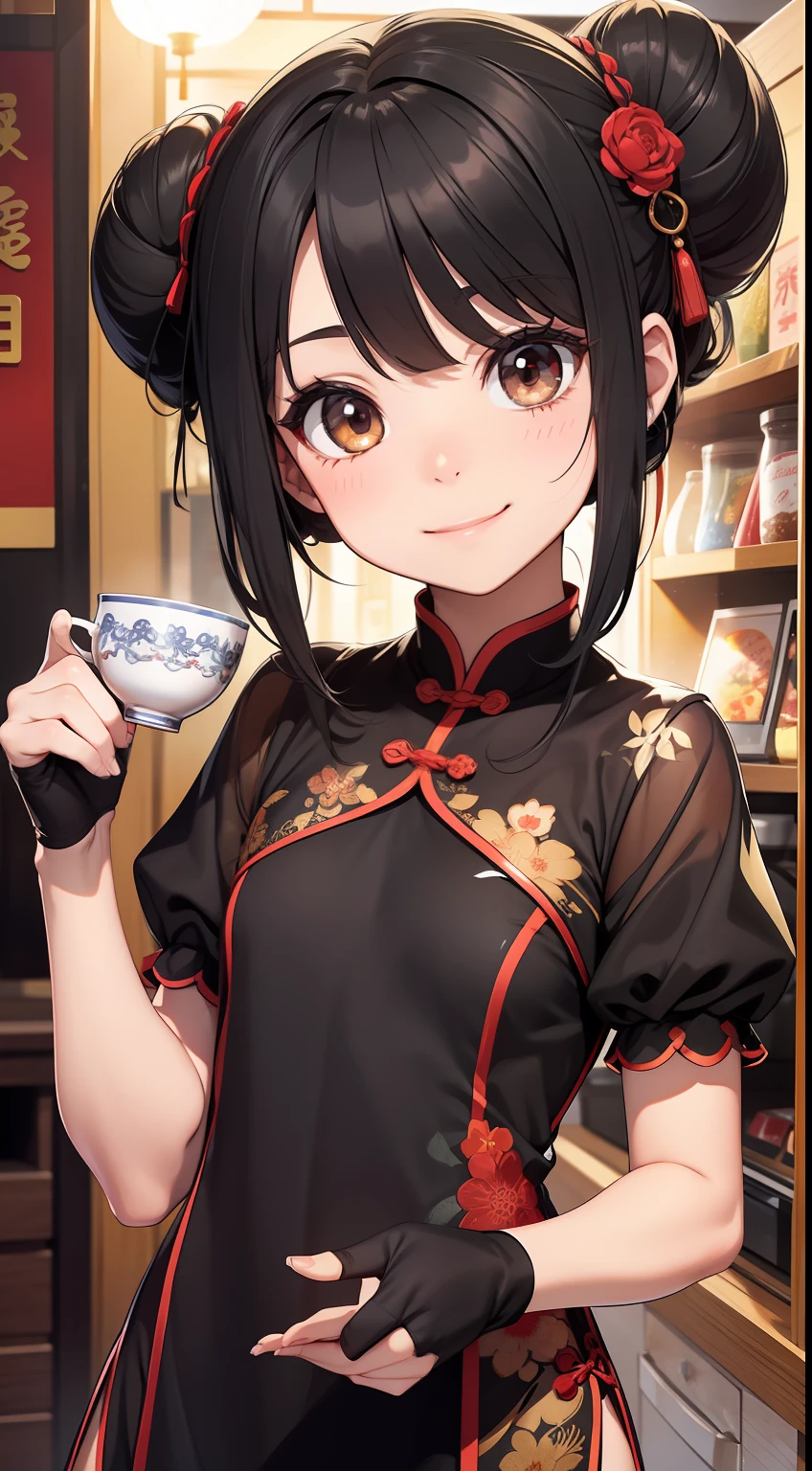 small girl, black hair in two buns, Brown eyes, Chinese dress, tea, symbiote, Smile, Masterpiece, hiquality