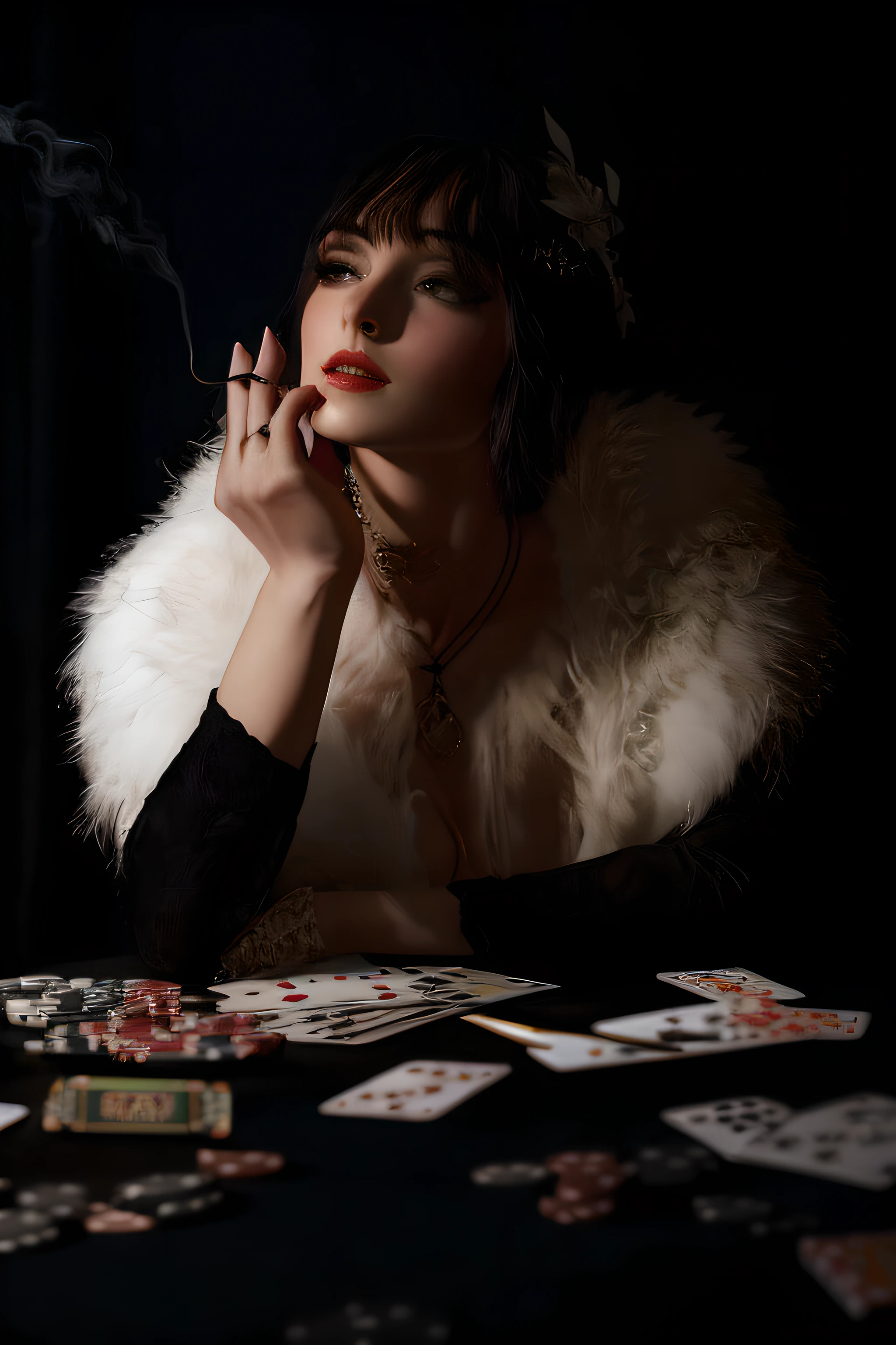 "A visually striking 1920s femme fatale, exquisitely portrayed in a photorealistic style, captivates the scene with her alluring elegance and undeniable sophistication. She confidently dons an exquisite evening gown, immersed in the glamorous ambiance of a high-stakes poker game at a lavish casino."
