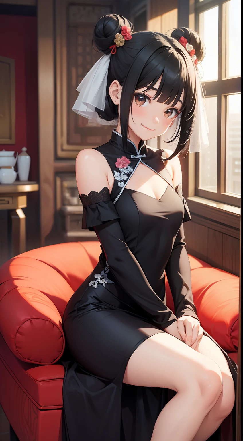 small girl, black hair in two buns, Brown eyes, Chinese dress, tea, symbiote, Smile, Masterpiece, hiquality