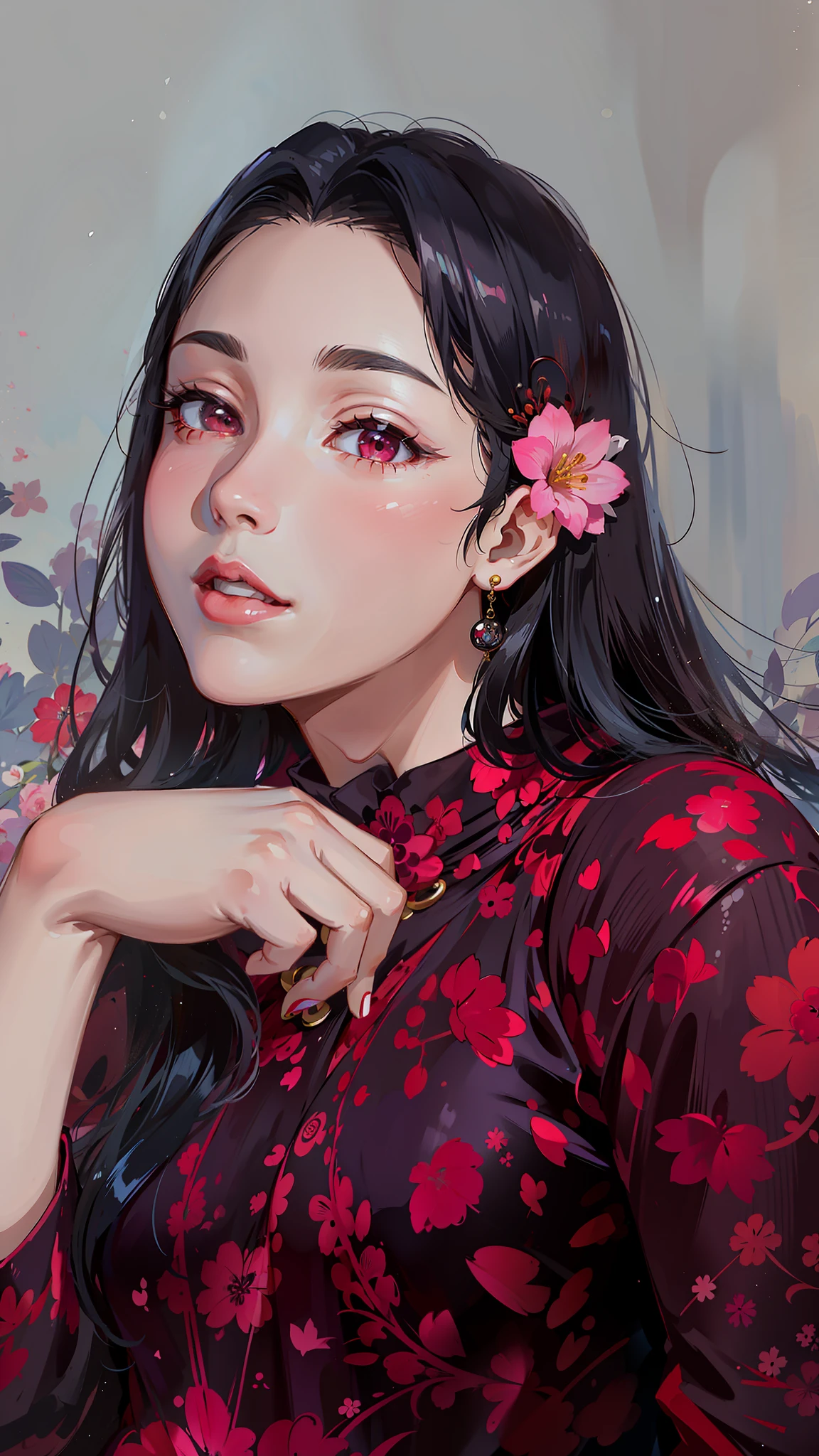 (masterpiece),(best quality:1.0), (ultra highres:1.0), detailed illustration, 8k, anime, 1girl, beautiful anime girl, wearing a red dress , intricate details, rounded face, chubby, black eyes, detailed eyes, black hair, detailed hair detailed, highlights on hair,  pink flower on ear, smiling, red lipstick, perfect lips, anime style, best quality, detailed