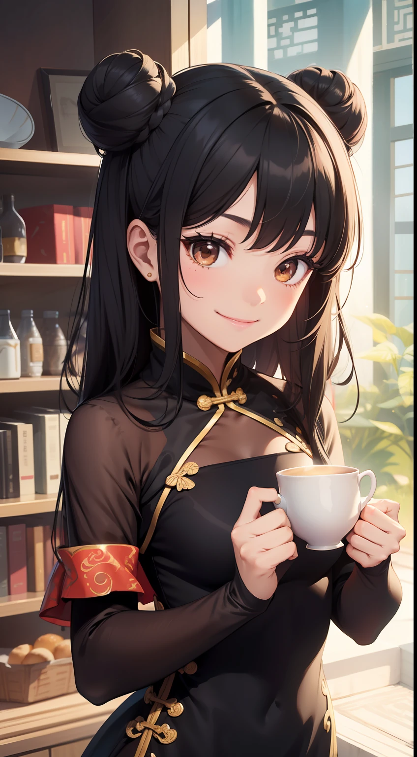 small girl, black hair in two buns, Brown eyes, Chinese dress, tea, symbiote, Smile, Masterpiece, hiquality