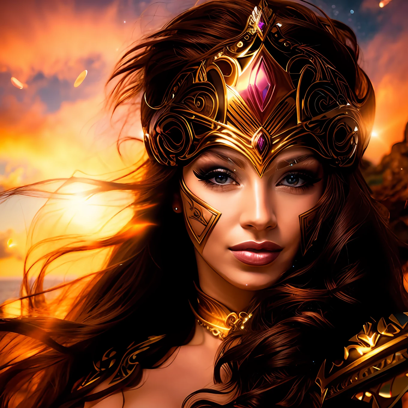 Mulher ruiva usando uma tiara, flowing hair, olhos lindos, Scenery of the cosmic sky, detalhes intrincados, highes definition
