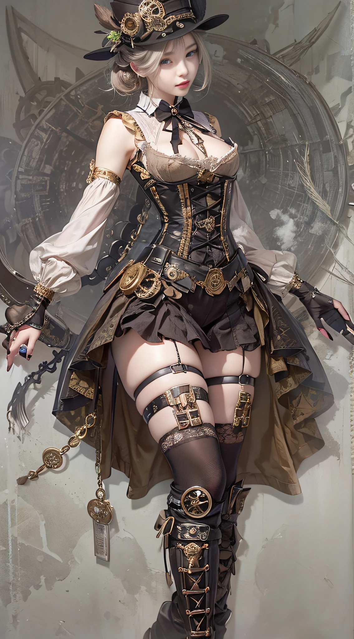 8K raw photos、hight resolution、Sexy 21 year old cool Korean in alafile posing with corset and garter in photo, steampunk beautiful anime woman, a steampunk beautiful goddess, like lady mechanika, wearing steampunk attire, in a steampunk world,Vivid steampunk concept, ( Steampunk ), ornate cosplay, Steampunk Girl, Steampunk, in a steampunk world, Steampunk style, steampunk aesthetic, steampunk fantasy style, steampunc, Steampunk style, Beautiful eyes for every detail of cosplay、long eyeslashes、Beautiful double eyelids、eyeshadows、Slender eyes、Sanpaku eyes、Dark Eye Makeup、evil smile、Beautiful and thin legs、Short hair tied at the back、耳环、