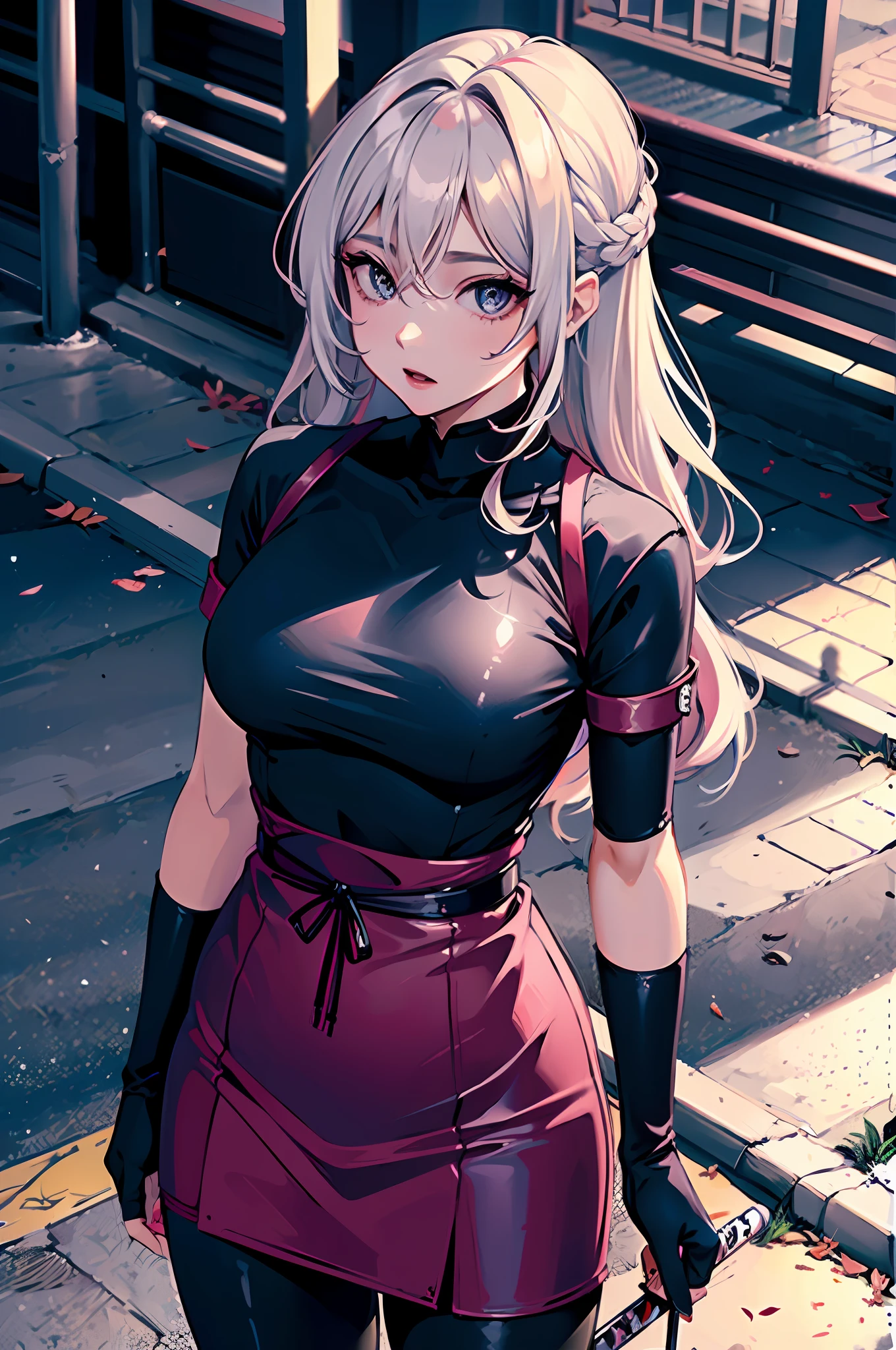"(mulher bonita, sedutora) segurando uma (katana), (cabelo longo e rosa), (olhos azuis), (roupa branca), (estilo anime 8k), (imagem ultra detalhada), (cidade)"