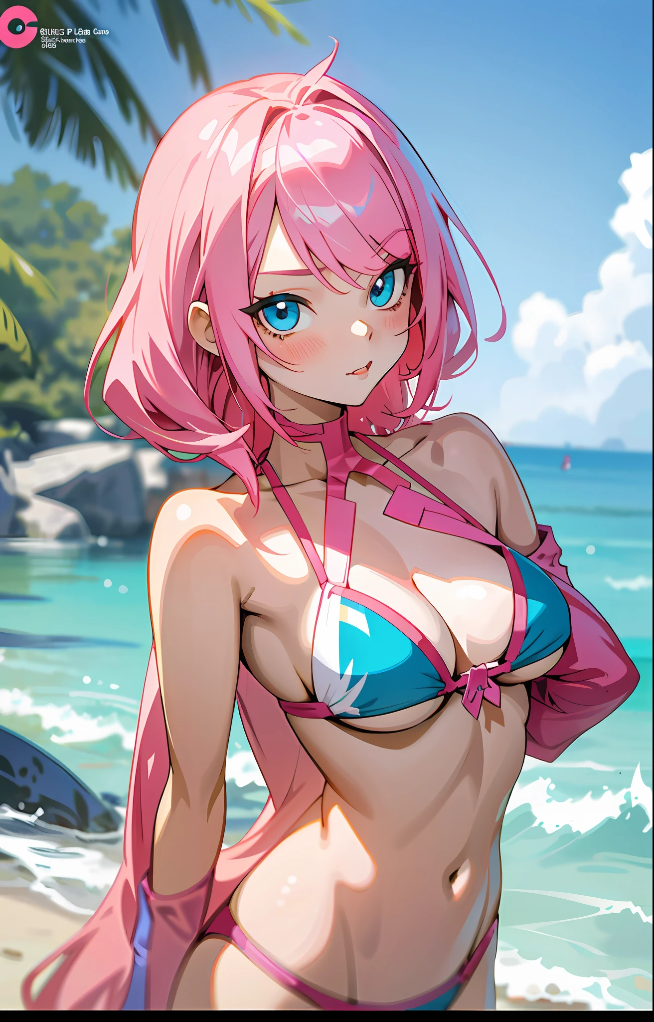 Anime girl with pink hair and blue eyes in a bikini, Guviz, seductive anime girls, Fine details. Girl Front, | fine detail anime, Guviz-style artwork