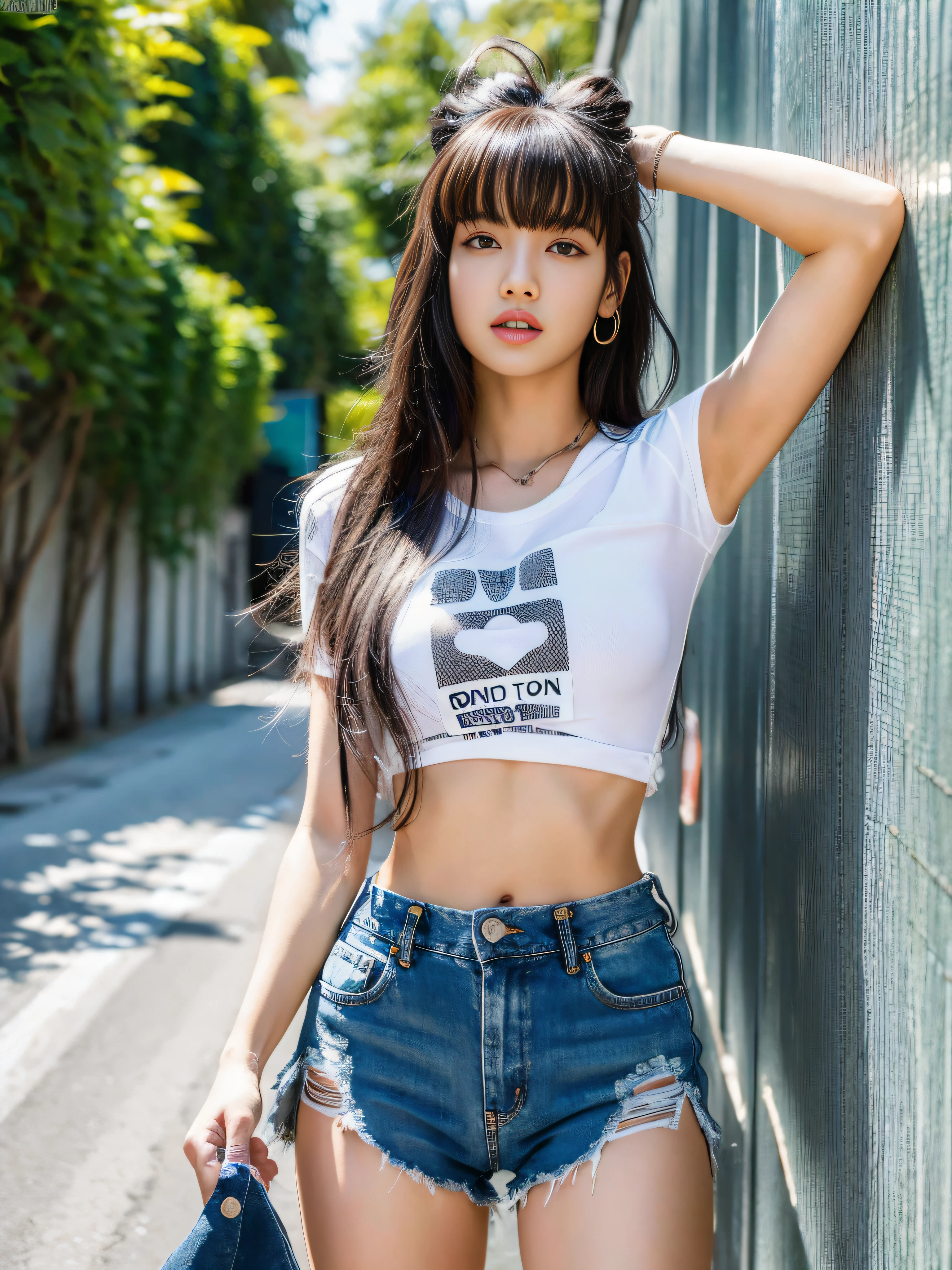 Lisa long hair, Lisa face shape, American retro sportswear, short tight slip T-shirt, digital print, long denim ripped pants, long legs, standing pose, masterpiece, superlative, realistic, HD, natural sunlight, 16k