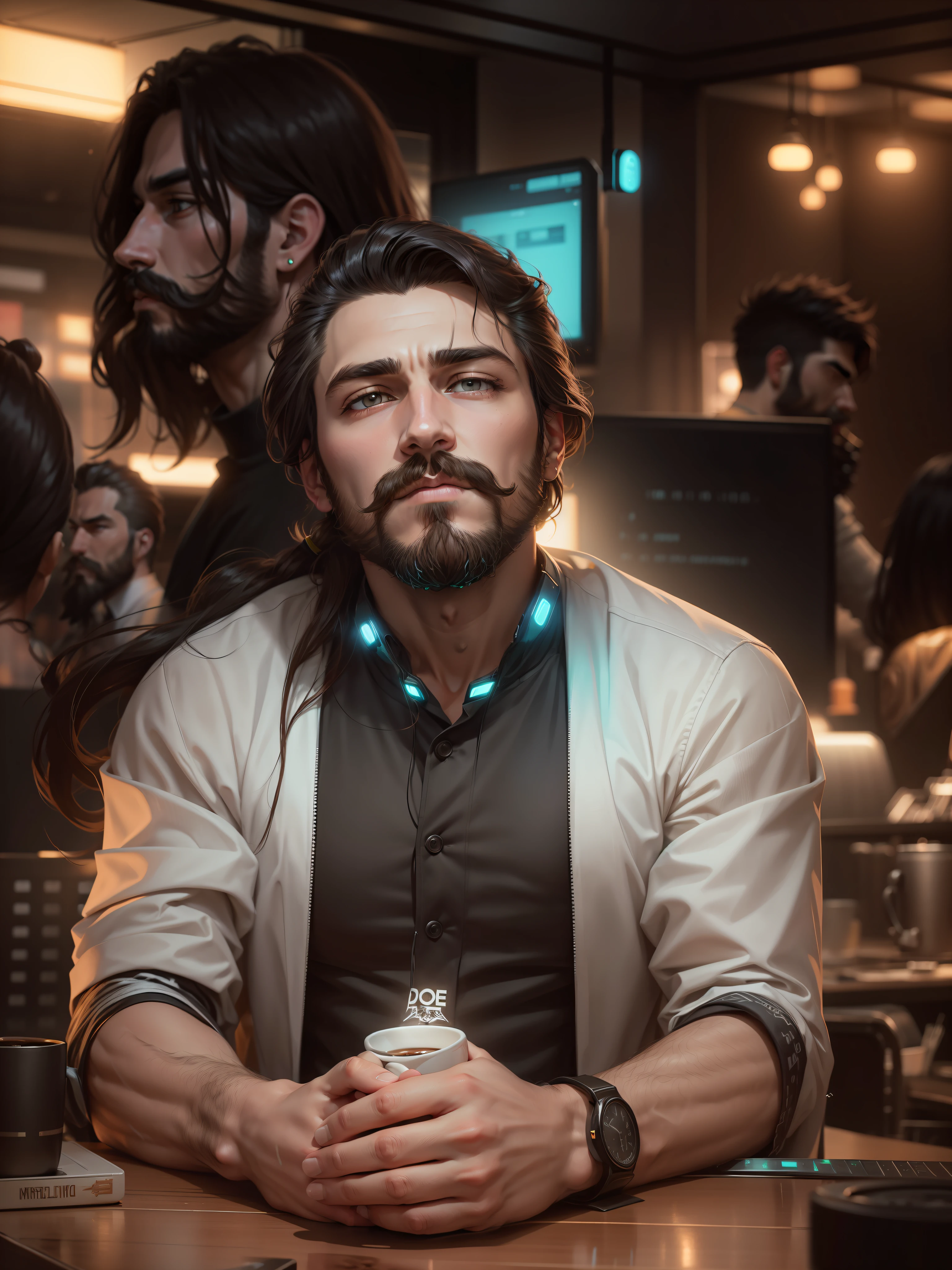 Change background, Handsome boy, realistic face, don't change face, don't change beard and mustache, long hair, cyberpunk, neon lights, coffee mug on the table