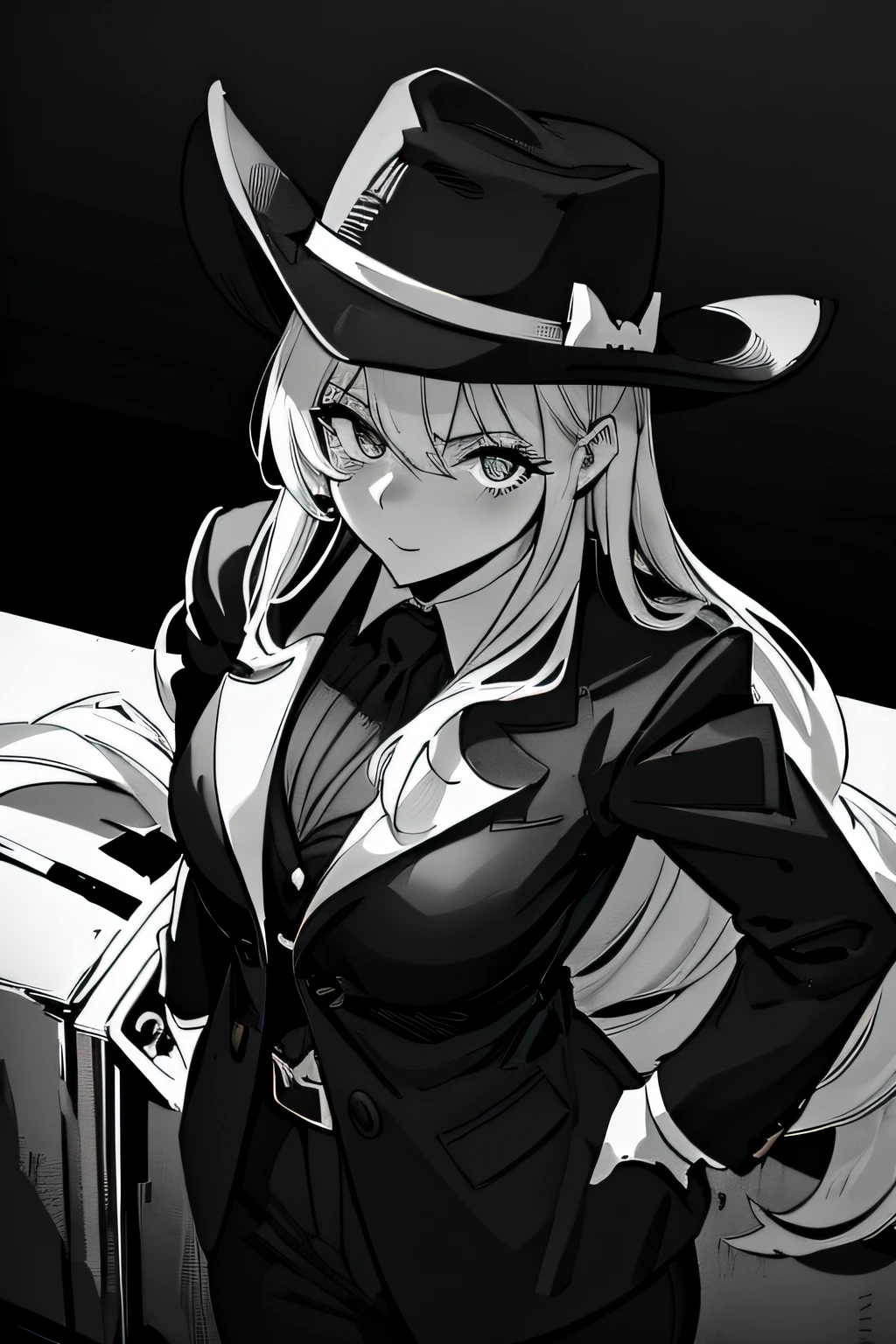 Anime girl in black and white costume and hat, marisa kirisame, from girls frontline, noir detective and a fedora, zerochan art, monochrome artwork!!, noire, ashe, zerochan, Kantai Collection Style, roguish smirk, black and white manga style, kirisame marisa, Black Magician Girl, vector shaded anime, Anime shading)