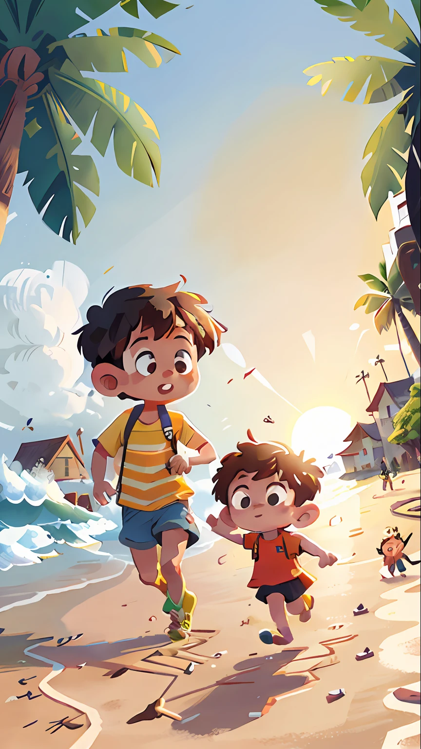 (sfw),beachside,setting sun,Two running,Illustration style,Complicated details,ultra-low perspective,wide wide shot --v 6