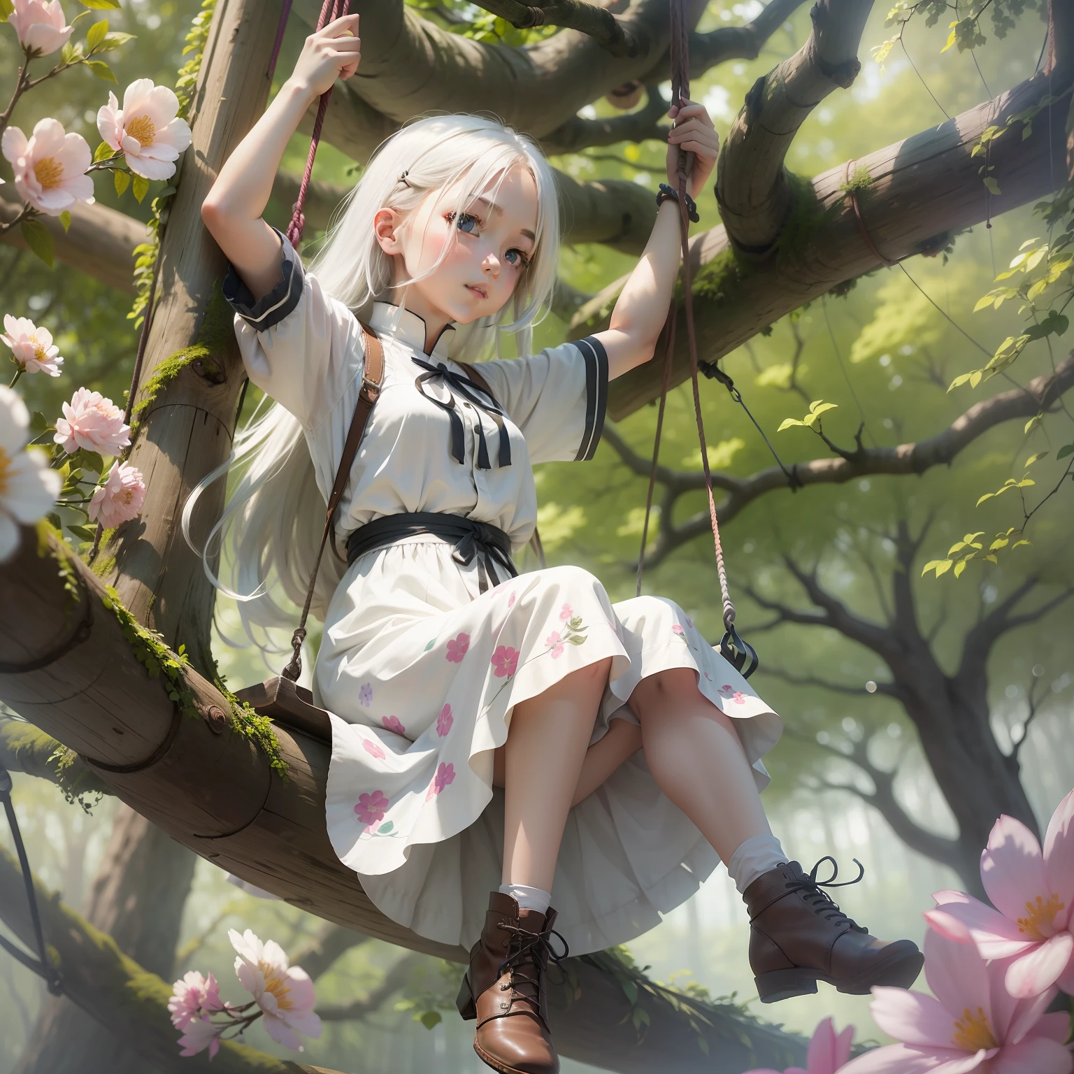 White-haired girl doing on a swing,Long hair dancing under the swaying of the swing。In places where trees and flowers are luxuriant