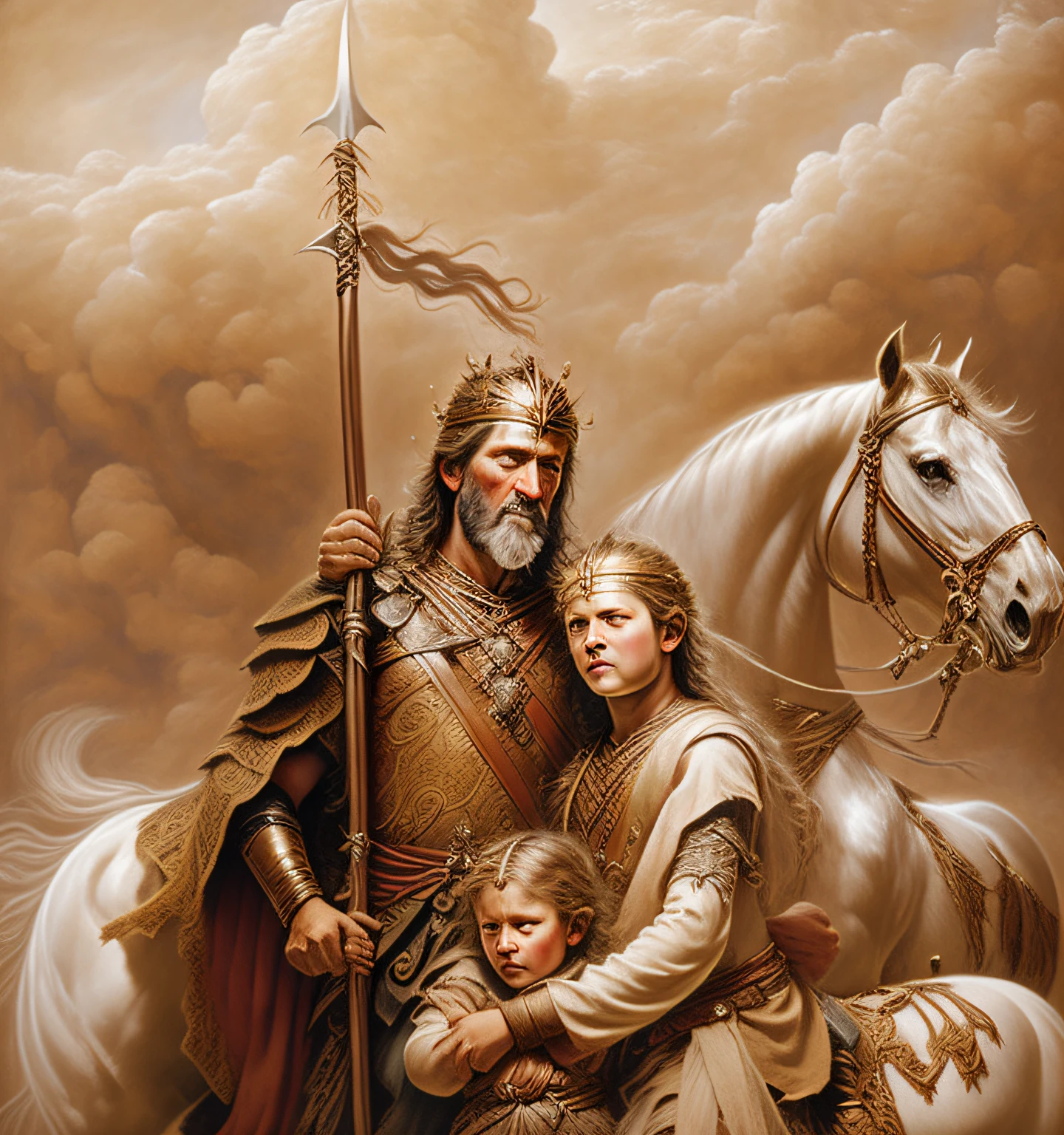 pintura de um homem, a woman and a , The man holds a spear with one hand and embraces the woman with the other, The woman hugs the child, behind it has a horse, Bragi, nordic mythology, а fantasy proto-norse mythology, Directed by: Tibor Rényi, Directed by: Sasha Putrya, Grande Rei de Stovokor, Directed by: Roman Bezpalkiv, Directed by: Eugeniusz Zak, Directed by: Andrew Wroblewski, PØdegaard and SZago