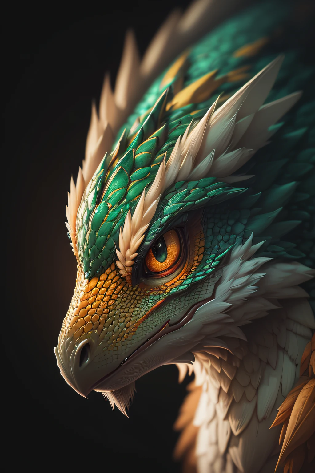 portrait shot of a photorealistic dark orange bird-like dragon, green eyes, non-anthro, detailed scales, furry commission, smooth white background, minimalist, digital photography, high contrast, directional and harsh lighting, magical, intense and tense atmosphere, photography with 50mm lens, shallow depth of field, maximum focus, hdr, textures, symmetrical face, surface details, highly intricate details, high definition, unreal engine, octane render, surreal photo manipulation, hyper realistic --auto --s2