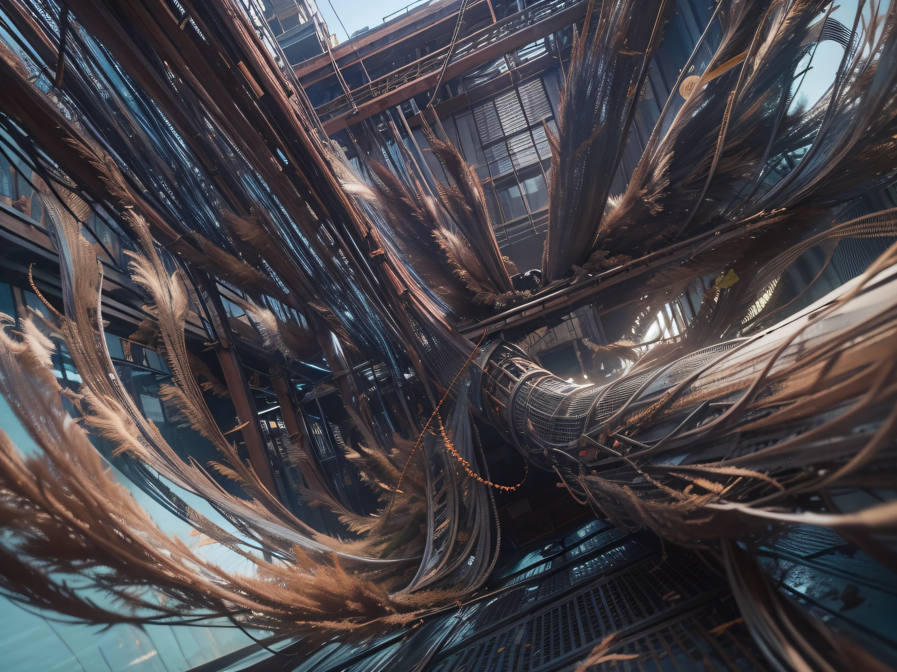 a heavily distorted, fading late morning clear sky, a singular object comprised of contorted feathers/machinery/pipes/rusted components is floating in the air, steel strings weave into each other, warped violet colored machine exterior paneling, extra detail, 4kHD details, best resolution, surrealistic composition, extreme camera angle, motion blur, depth of field, foreshortening, tilted camera angle, cinematic lighting, movie scene, lens flare, fisheye lens perspective view