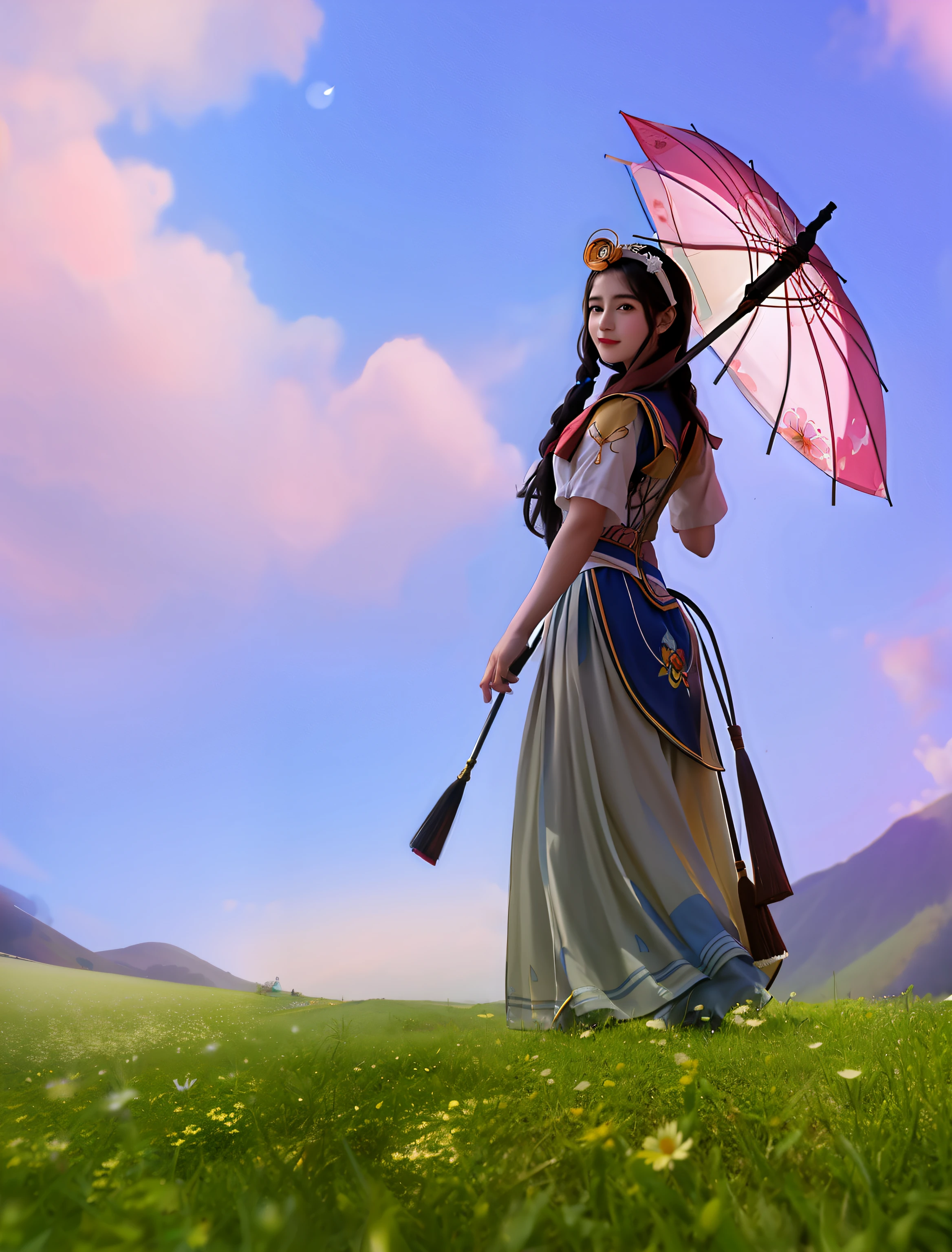 Painting of a woman holding an umbrella in a field with a crescent in the sky, foto muito bonita, com cores lindas, arte sonhadora, uma deusa em um campo de flores, coberto de flores, beautiful dreamy breathtaking, Menina que caminha em um campo de flores, Beautiful image, nuvens da menina, sonho colorido, Menina que caminha no campo da flor, cena de sonho, menina nas flores