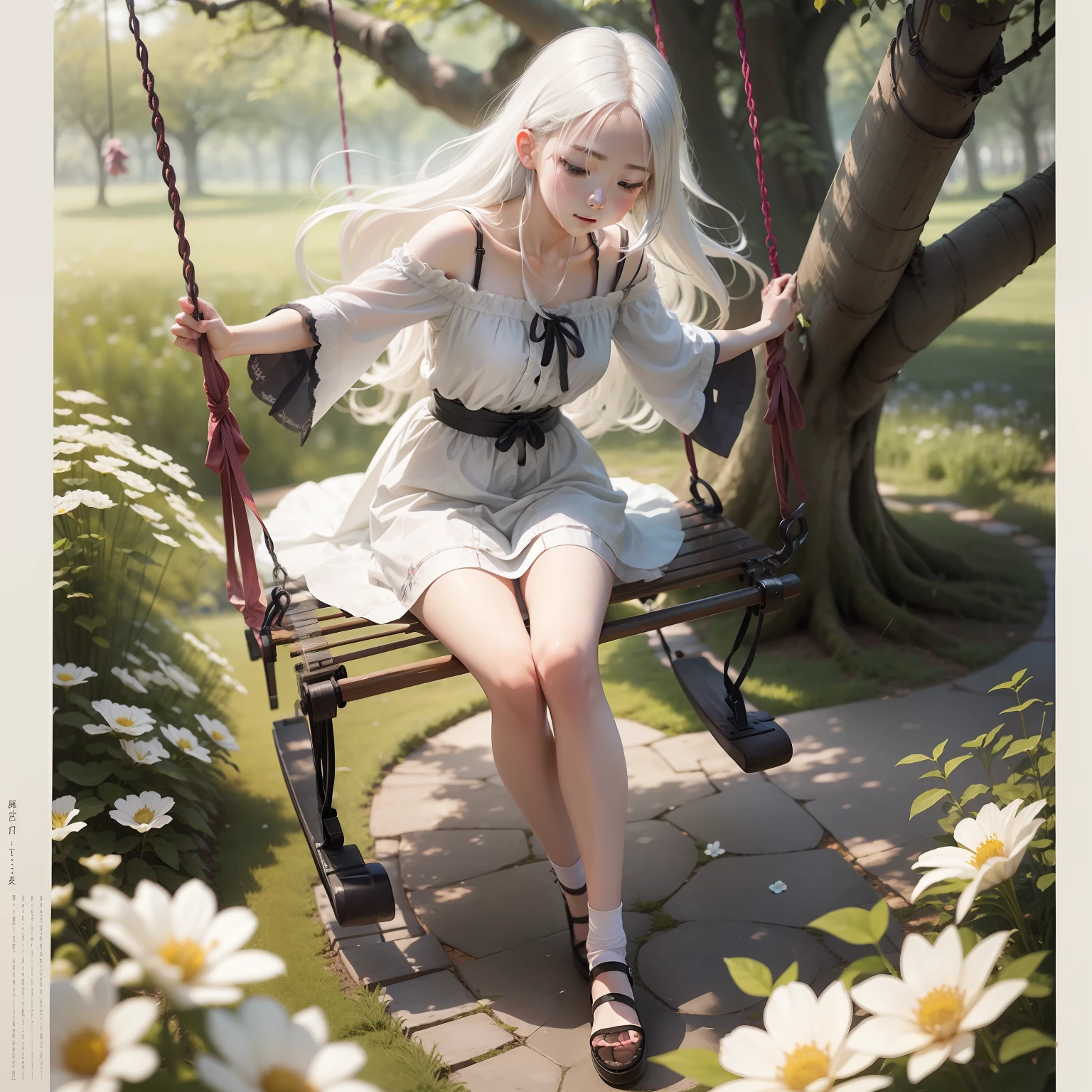 White-haired girl doing on a swing，Long hair dancing under the swaying of the swing。In places where trees and flowers are luxuriant