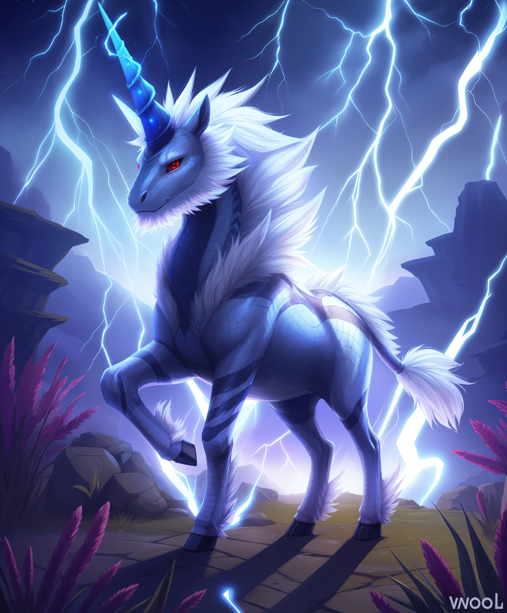 (feral:1.2), kirin, equine, thin, hi res, soft shading, detailed eyes, beautiful eyes, detailed face, good anatomy, cinematic lighting, by woolrool, crayon \(artist\), buta99, detailed background, outdoors, tail, horn, red eyes, lightning, scales,