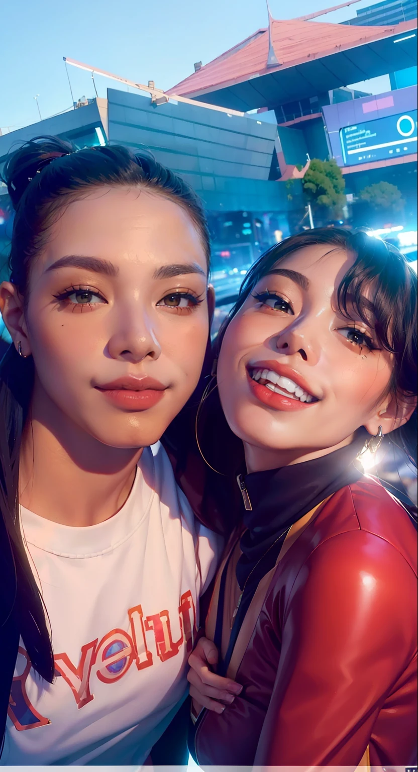 Michael Jackson e uma mulher posando para uma selfie juntos, in the background of a futuristic city. 8k high definition image