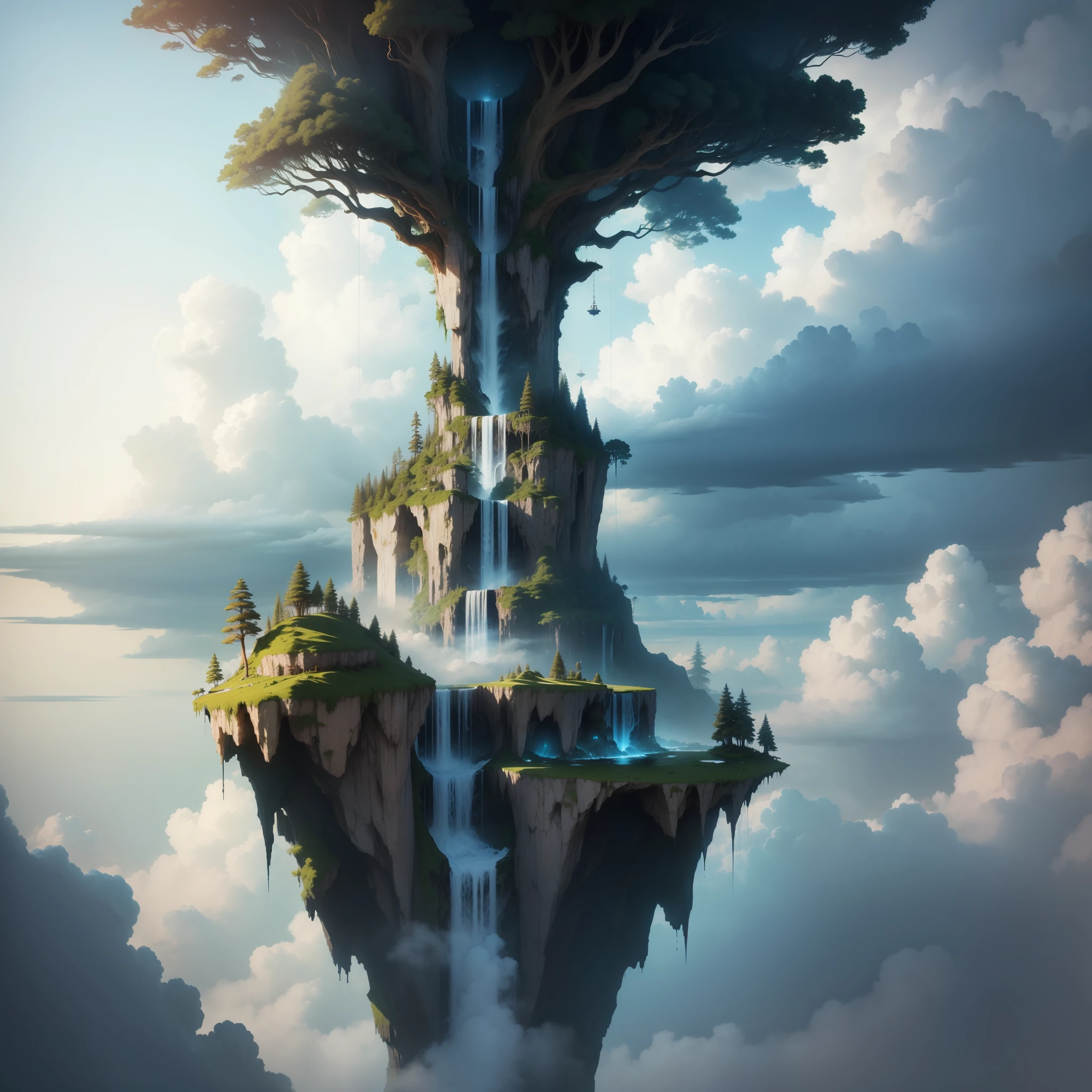 sky, sunlight, a floating island covered by a dense forest, suspended in the sky among the clouds, with a waterfall falling from the edge, 8k, fantasy