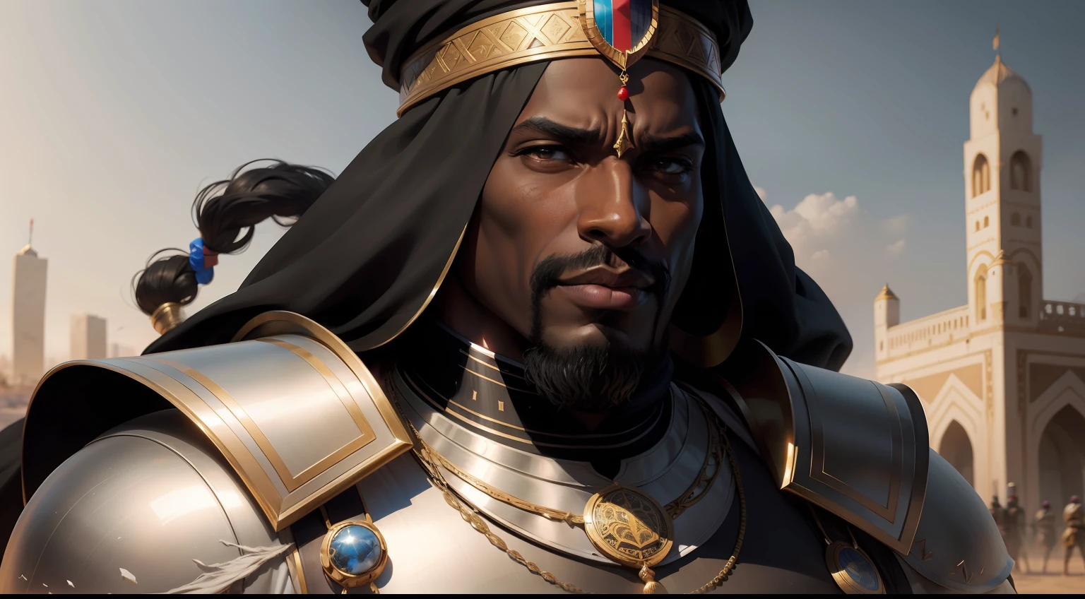 Homem Rei Negro, mansa musa, No fundo grandes torres, algo que se mostra como suas riquezas, ultrarrealista, altamente detalhado, hyper realistic, Perfect artwork, master part, melhor qualidade, alto, layered lighting -- 4K