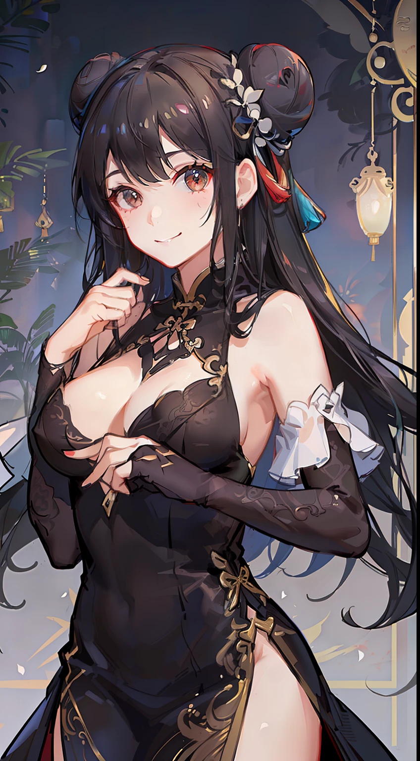 small girl, black hair in two buns, Brown eyes, Chinese dress, tea, symbiote, Smile, Masterpiece, hiquality