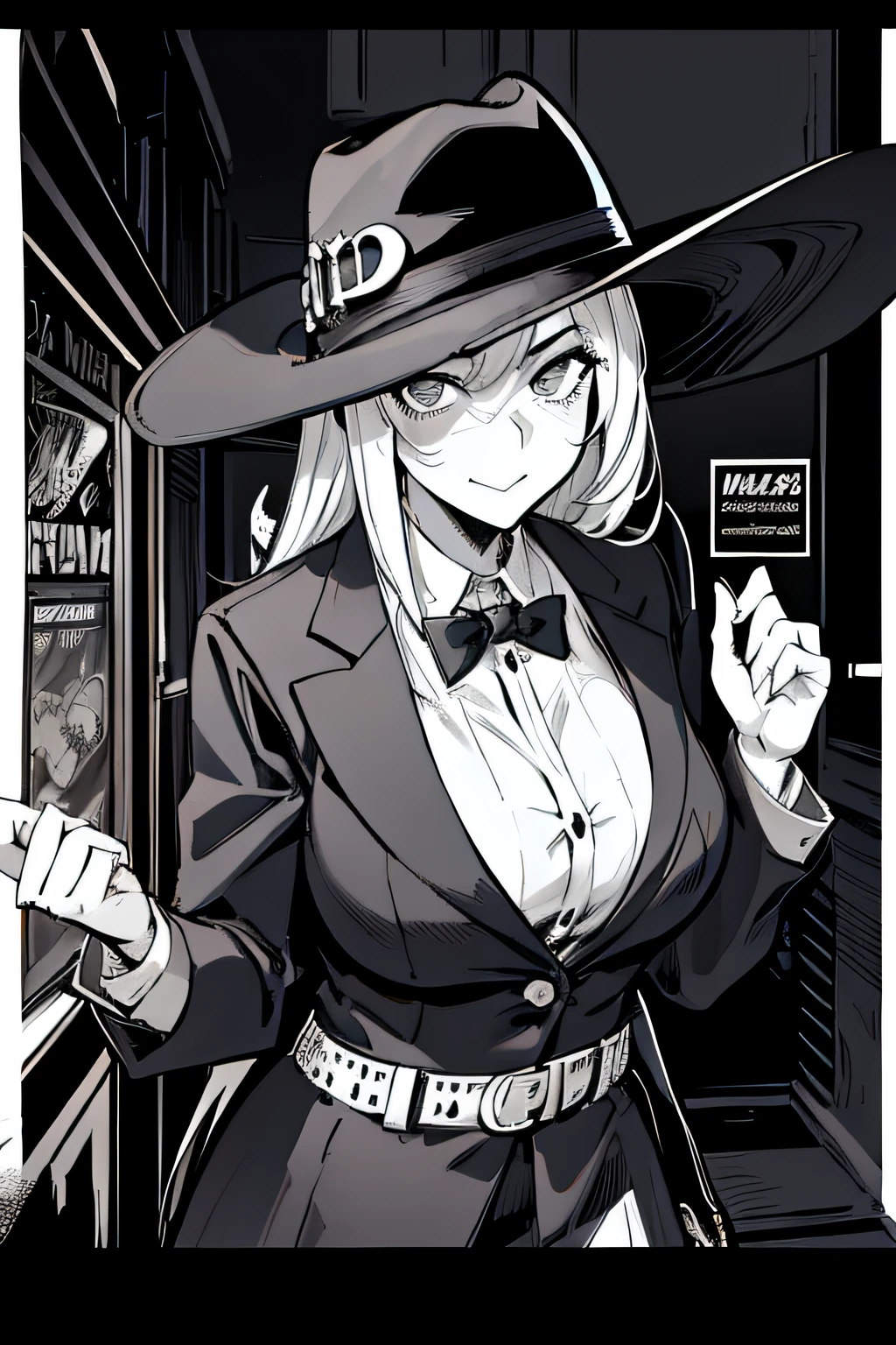 Anime girl in hat and black suit and black hat, noir detective and a fedora, high detailed official artwork, from girls frontline, Fine details. girls' frontline, from cryptid academia, official character illustration, Official Character Art, noir detective, black and white manga style, Female protagonist 👀 :8, nffsw, Persona 5 Art Style wlop