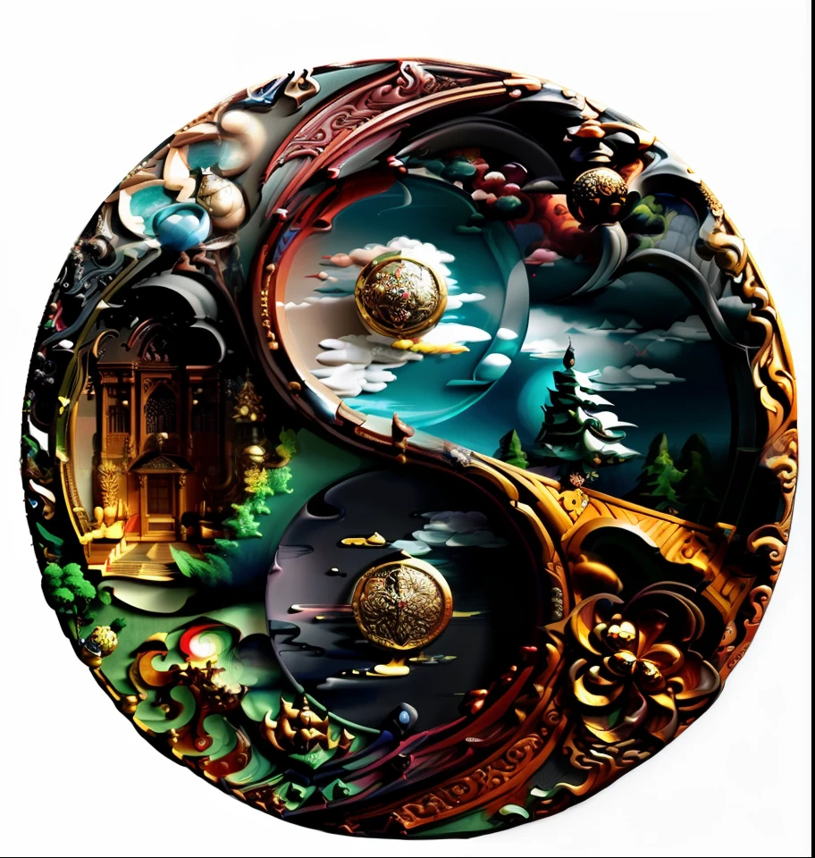 A painting of a yin yang, Decorations Detailed art, Peinture unique et complexe, Paysages complexes, 8k art very detailed, 8k high quality detailed art, Peinture fantastique complexe, Very detailed and hypnotic, 4k art very detailed, Detailed complex 8 k, highly detailed digital art