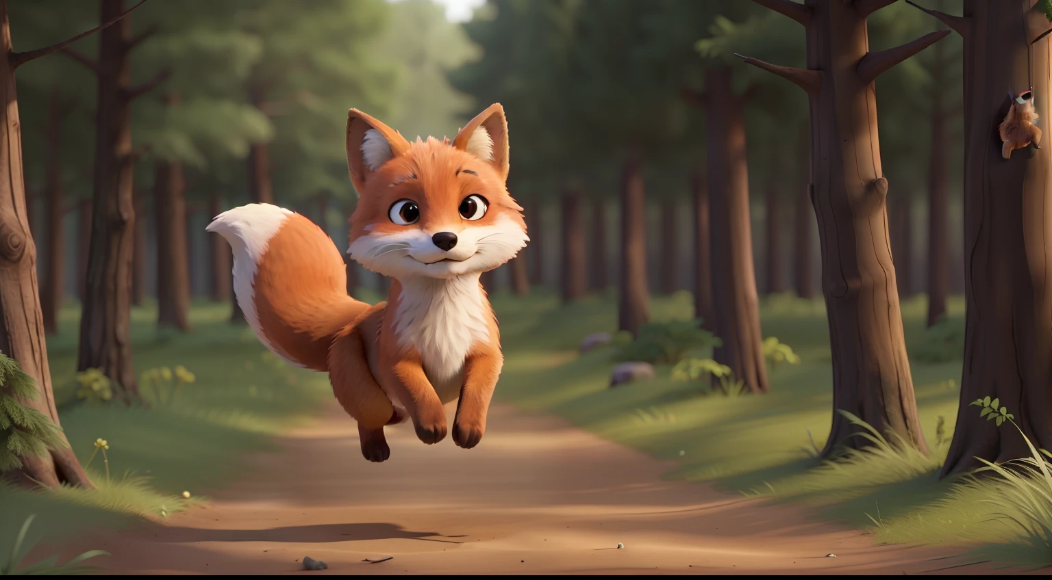 young fox practicing jumps in the forest" ((Best Quality)), ((Masterpiece)), (Detailed: 1.4), 3D