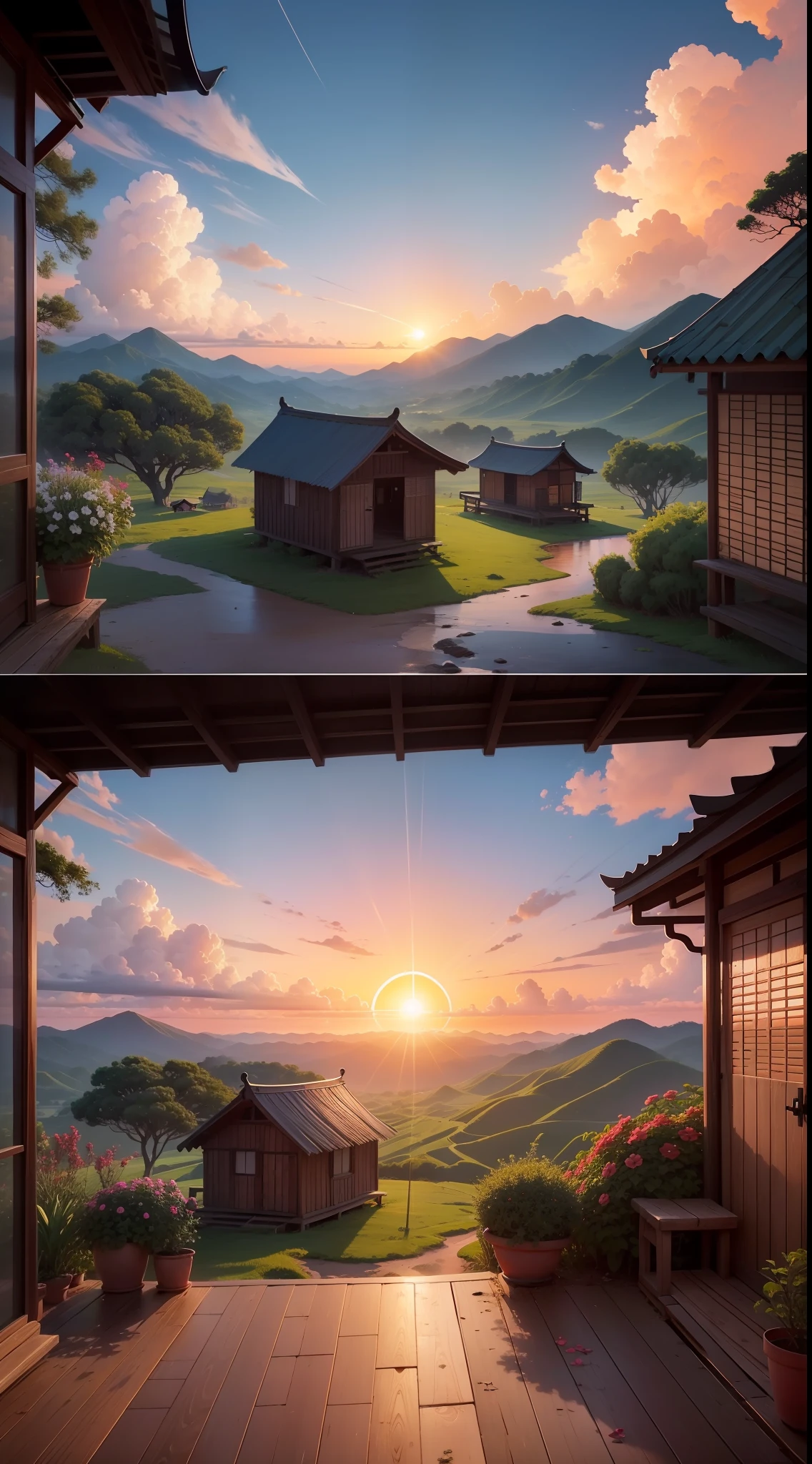 Paisagem natural com muitas flores, beautiful sky, sun sunset, clima de tardinha, detalhes bonitos, muito detalhado, Full HD, paisagem perfeita, penhasco, hut in classic chinese style