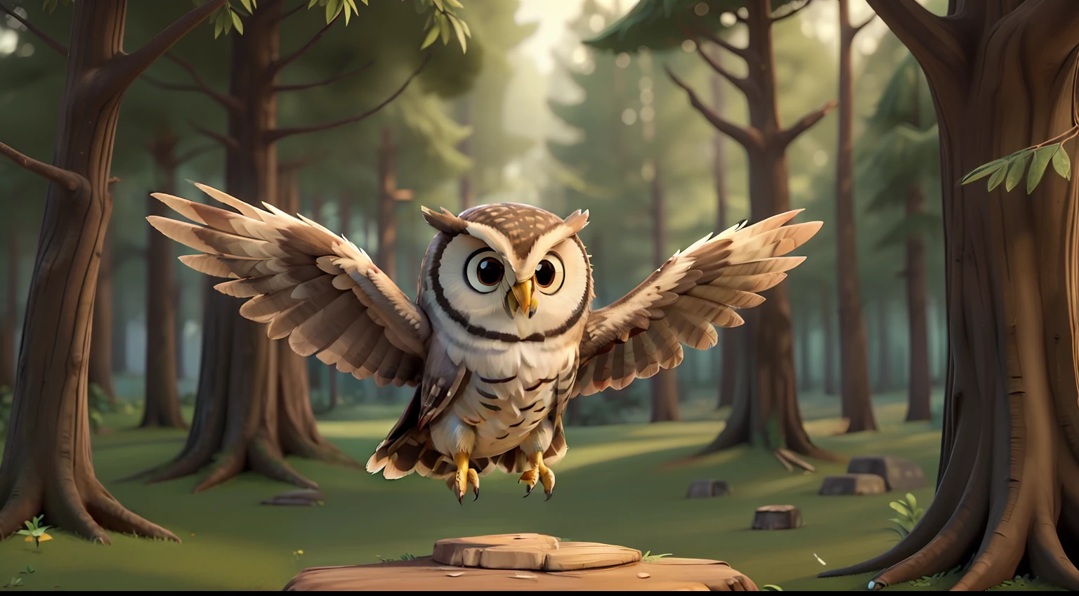 old owl practicing jumps in the forest" ((Best Quality)), ((Masterpiece)), (Detailed: 1.4), 3D