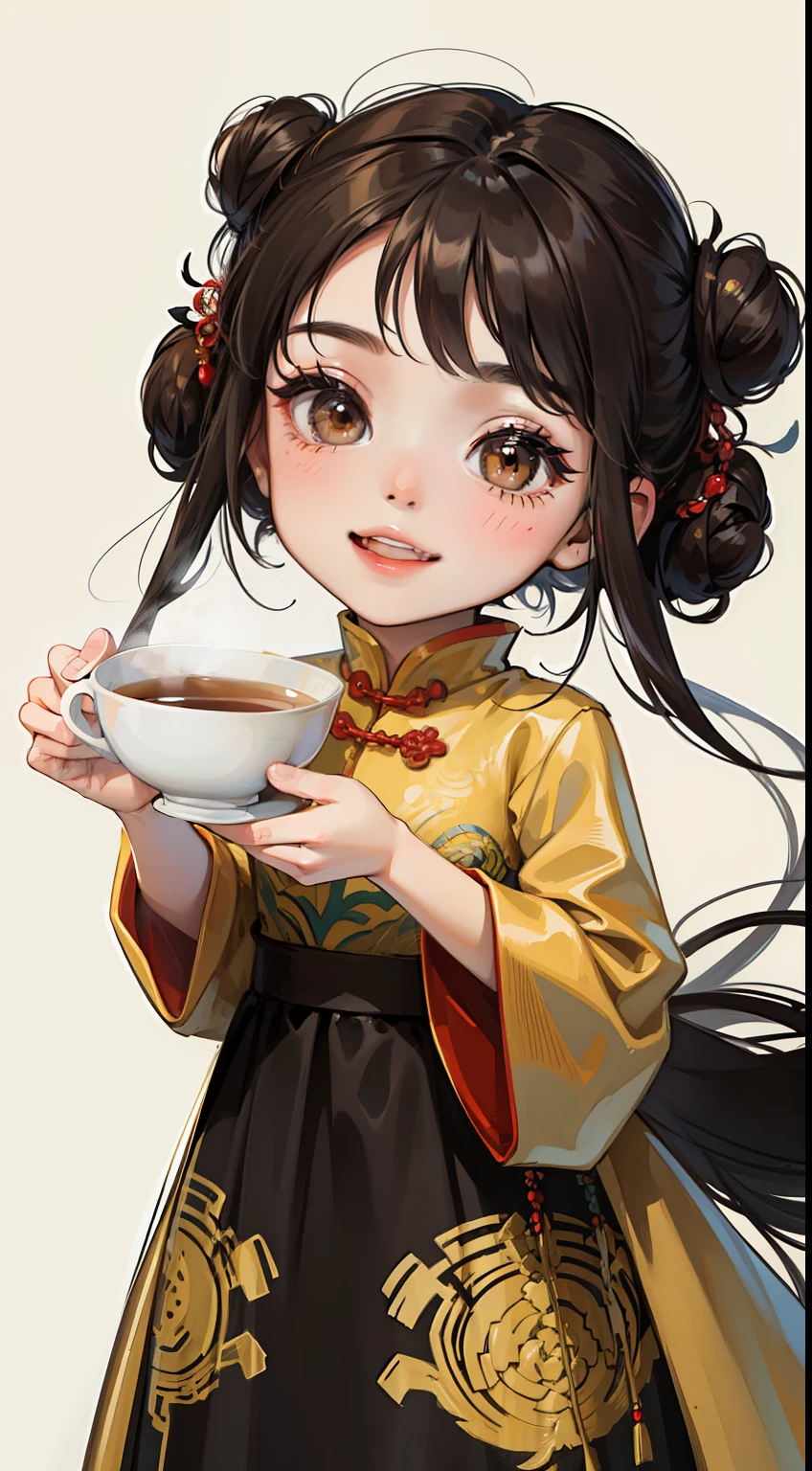 girl, black hair in two buns, Brown eyes, Chinese dress, tea, symbiote, Smile, Masterpiece, hiquality