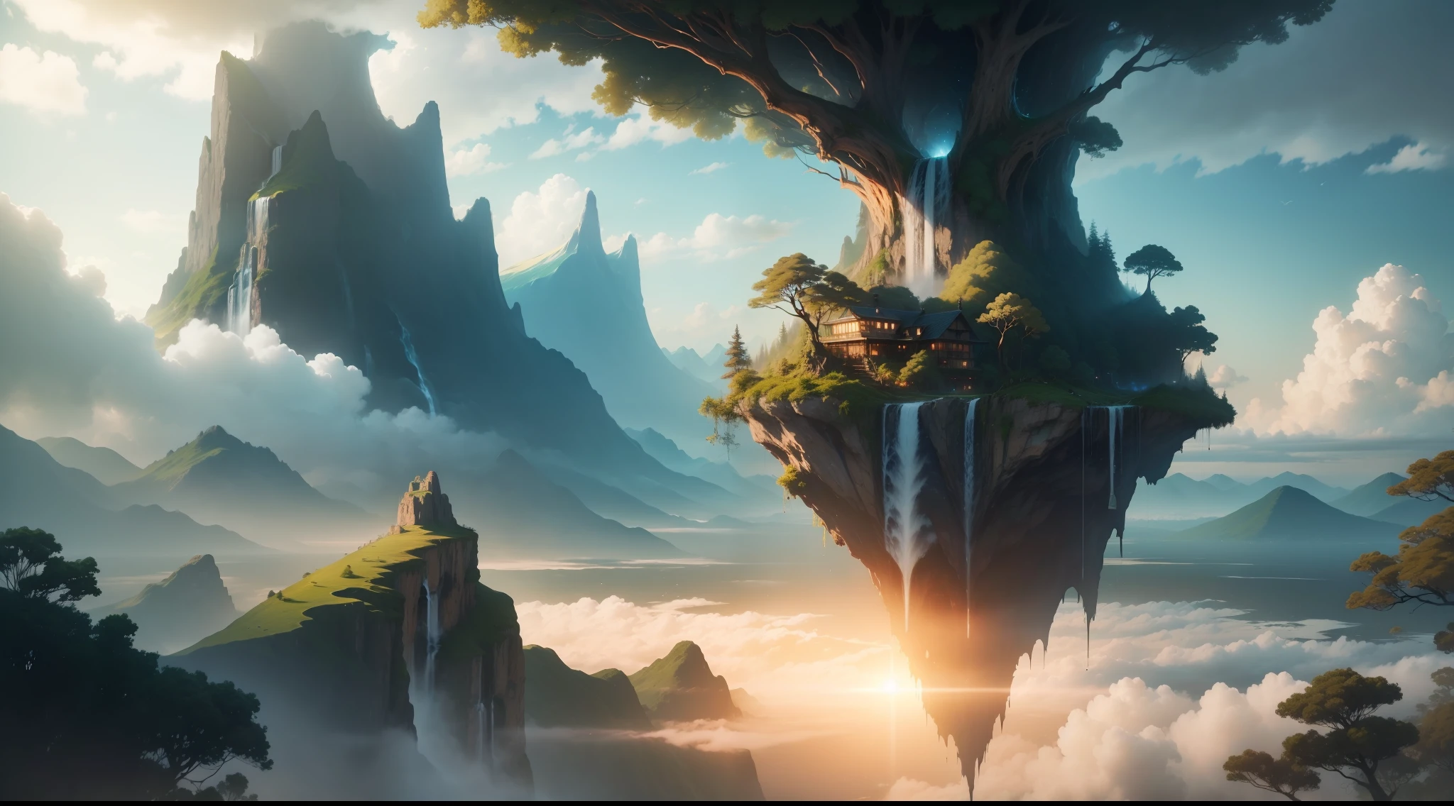 sky, sunlight, a floating island covered by a dense forest, suspended in the sky among the clouds, with a waterfall falling from the edge, 8k, fantasy
