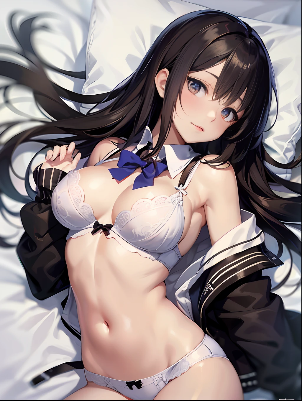 (8K、Raw photography、top-quality、​masterpiece:1.2), nffsw, 1girl in, 2D Anime, asian human, bangss, Bare_shoulders, the bow, bra very, breastsout, brown_Eyes, brown_hair, cleavage of the breast, s lips, long_hair, long_sleeves, up looking_で_viewer, Medium_breasts, a navel, nase, Off_Shoulder, Open_Clothes, Open_Shirt, panties on, realisitic, The shirt, 独奏, Stomach, undergarment, unwear, The upper part of the body_Body, white_Panties, Japan school uniform, shinny skin, Beautiful delicate face、Beautiful delicate eyes、(realisitic、Photo Real:1)、Hands touching bras、Drawing