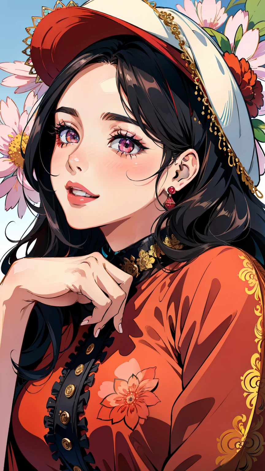 (masterpiece),(best quality:1.0), (ultra highres:1.0), detailed illustration, 8k, anime, 1girl, beautiful anime girl, wearing a red dress , intricate details, rounded face, chubby, black eyes, detailed eyes, black hair, detailed hair detailed, highlights on hair, pink flower on ear, smiling, red lipstick, perfect lips, anime style, best quality, detailed